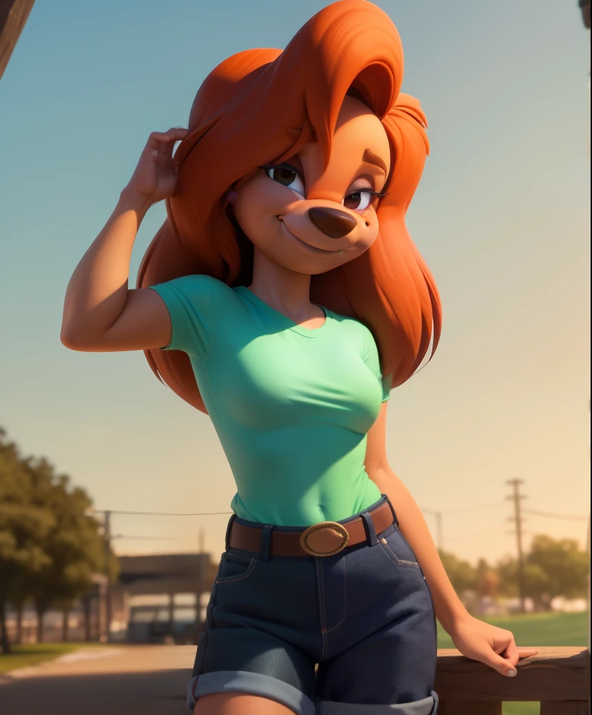 furry anthro, roxanne, dog girl, solo, body fur, green shirt, denim shorts, belt, (best quality), (cute pose:1.2), smile, closed mouth, looking at viewer, blush, outdoors fantasy background, small breasts, octane render, romantic lighting, (detailed fluffy fur), mole,