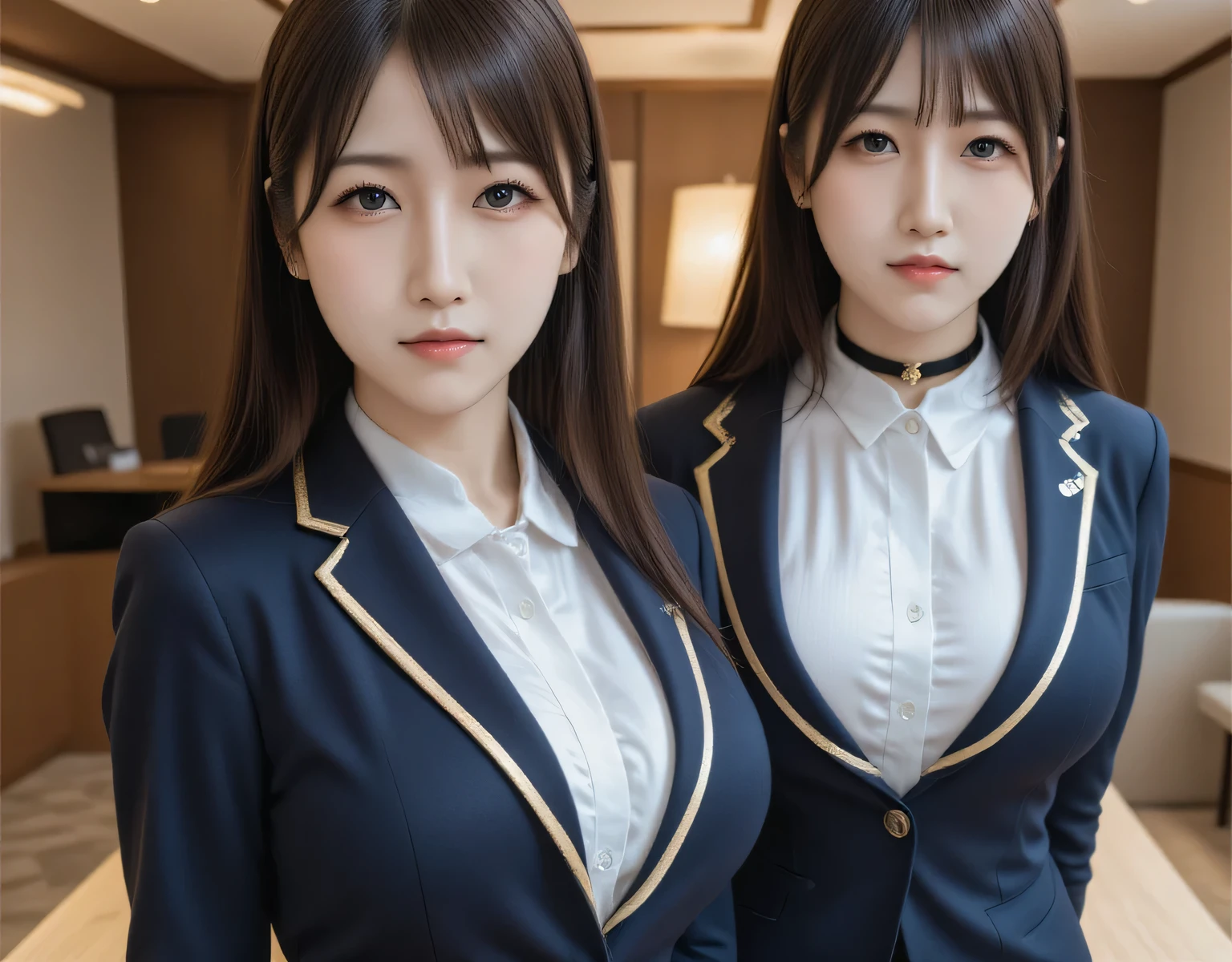 score_9, score_8, score_7up, Best Quality, masterpiece, live-action, Surreal, duo, Two beautiful secretaries of different types, the one on the left has a relaxed atmosphere and the one on the right is a solid person、 (Beauty, white shirt 、 navy blue blazer、uniform、 black choker), Big Breasts, (( layered haircut)),(8k,Best Quality), Shooting from a medium distance, Adorable, Slim face, slim body, smile, short brown haired , black choker, blue eyes, bangs、very rich and long lashes、((Big Breasts)), wicked smile, Meeting Room