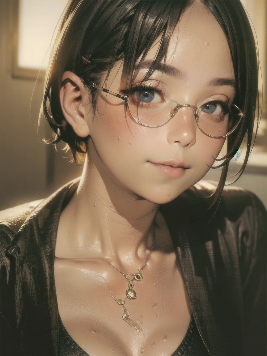 Best Quality,  ultra high resolution, ( photorealistic :1.4),Sunset light,  ponytail, Korean women, Detailed Photos, smile,  sexy,  Black Shirt ,  looks at the , close-up (masterpiece: 1.3), (8k,  photorealistic , Best Quality: 1.4), ( 1 girl),  beautiful face, ( realistic face), ( Black Hair ,  short hair : 1.3),  pubic hair sticking out ,   Real Eyes ,  beautiful detail eye , ( Real Skin), Beautiful Skin, (sweater),  absurd,  charming,   ultra high resolution,  Surreal , High image quality, Golden Ratio