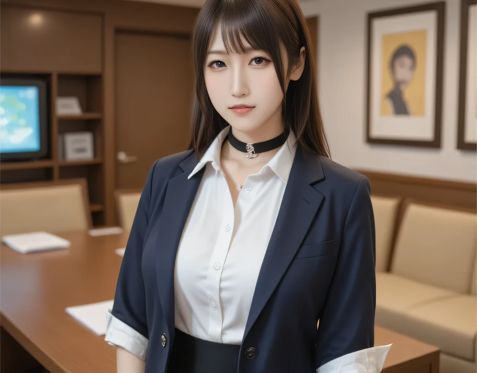 score_9, score_8, score_7up, Best Quality, masterpiece, live-action, Surreal, duo, Two Beautiful Secretaries of Different Types , 左の秘書はFLXU-BDMで右の秘書はFlux Realistic Japanese、 ( white shirt 、 navy blue blazer、uniform、 black choker), Big Breasts, (( layered haircut)),(8k,Best Quality), Shooting from a medium distance, Adorable, Slim face, slim body, smile, short brown haired , black choker, blue eyes, bangs、very rich and long lashes、((Big Breasts)), wicked smile, Meeting Room