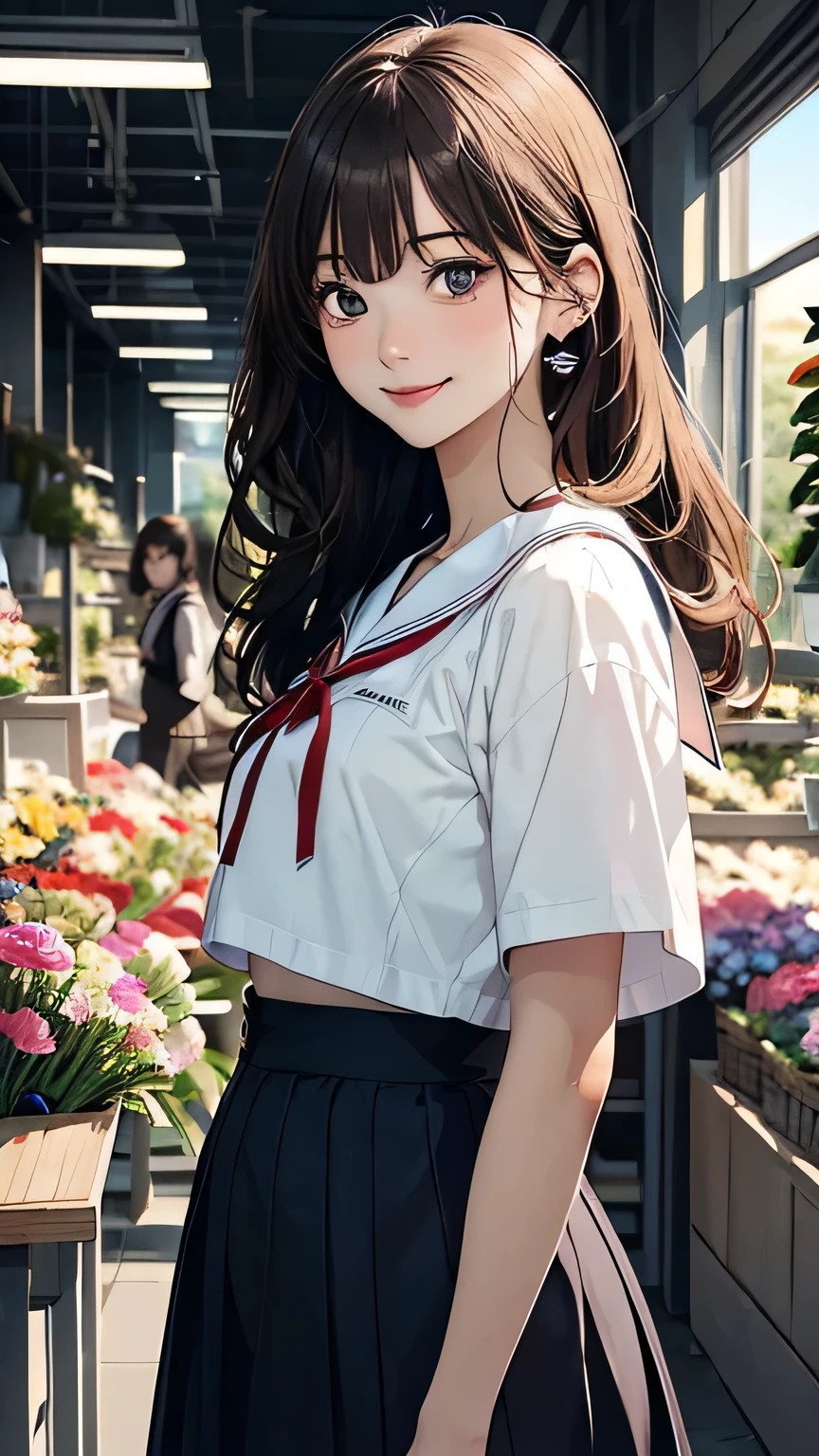 (masterpiece:1.2, top-quality), (Realistic, photoRealistic:1.4),  beautiful illustration , Colorful, (with natural side lighting, movie lighting), Staring , ( Cowboy Shots ), Front View:1.331, 1 female,  Japanese Women , , Female student,  perfect face,  Cute Symmetrical Face , shiny skin,  baby face , ( wavy hair ,  light brown hair with visible tip of tongue), Long bangs:1.331,  Brown Eyes , Big Eyes,  anatomically correct proportions:1.331,  has a small head:1.331,  flat chest:1.331, Slender body:1.331, Thin limbs:1.331,  thin waist :1.331, Beautiful Hair,  beautiful face,  beautiful detailed eyes, Beautiful clavicle,  Japanese high school sailor suit :1.331,  white sailor suit:1.331, Summer uniform:1.331,  navy mini skirt :1.331,  red ribbon, I can see her belly button ,  beautiful thighs in books, Beautiful legs,  Beautiful fingers, ( beautiful scenery ), Summer Morning, Inside the store full of flowers:1.331, (Inside the flower shop :1.331), (Beautiful smile, Above the eyes, Closed lips),