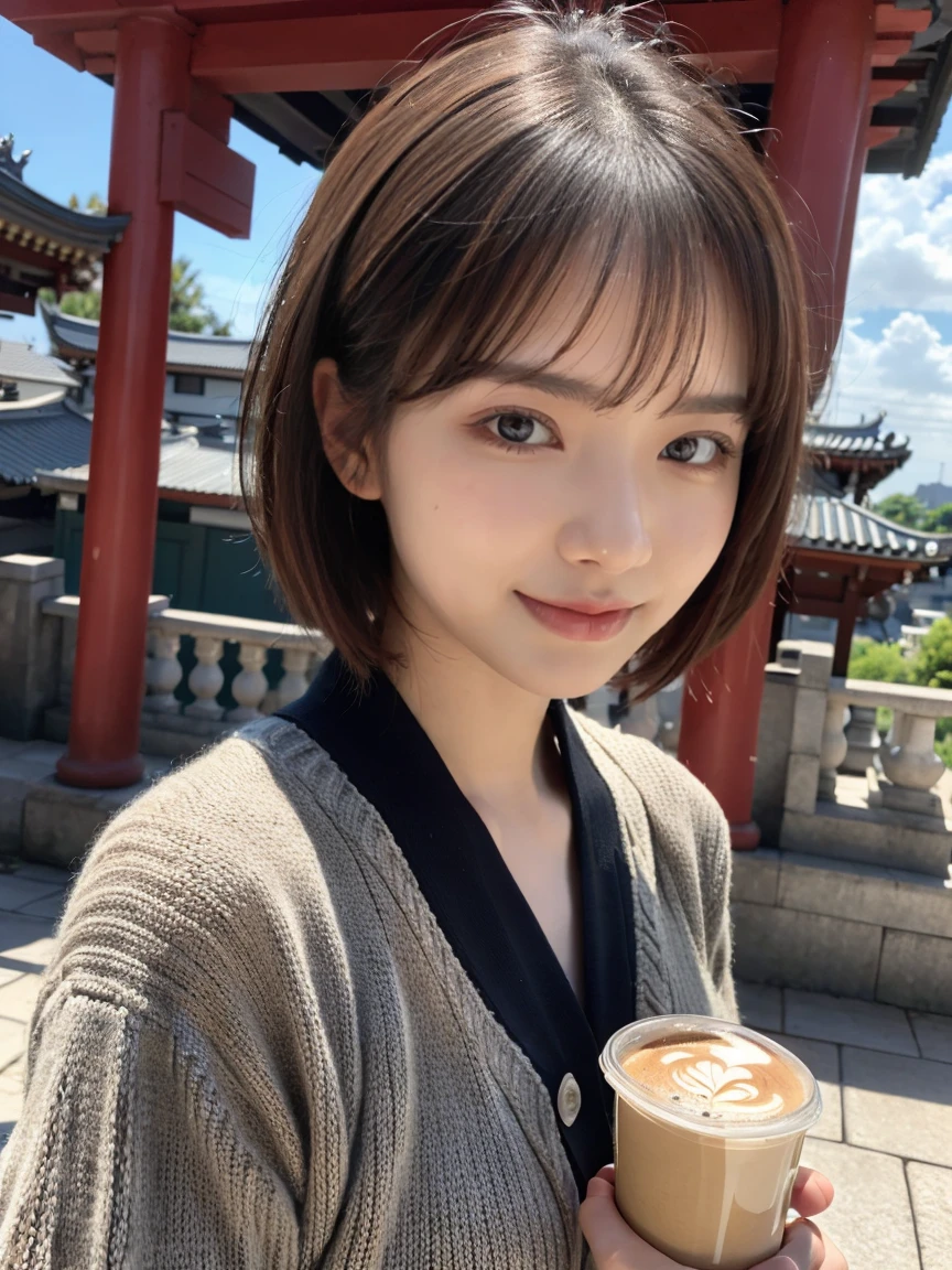 (8k,masterpiece,  RAW Photos,Best Quality:1.4),(Realistic:1.2),(extremely   Detailed Face  ),(shiny skin),(Detailed skin),(  Detailed Face  ),(Extremely beautiful face), 1 girl, hidden by my hair, Japanese idols(actress), Sharp Eye,Brown Hair, Short Hair, straight hair, asymmetrical bang,smile,Glamour,( big breasts at the temple), , ( cardigans,   knitted dress :1.2), Cafe,Hold a cup of coffee in one hand,  high position , Professional Writing