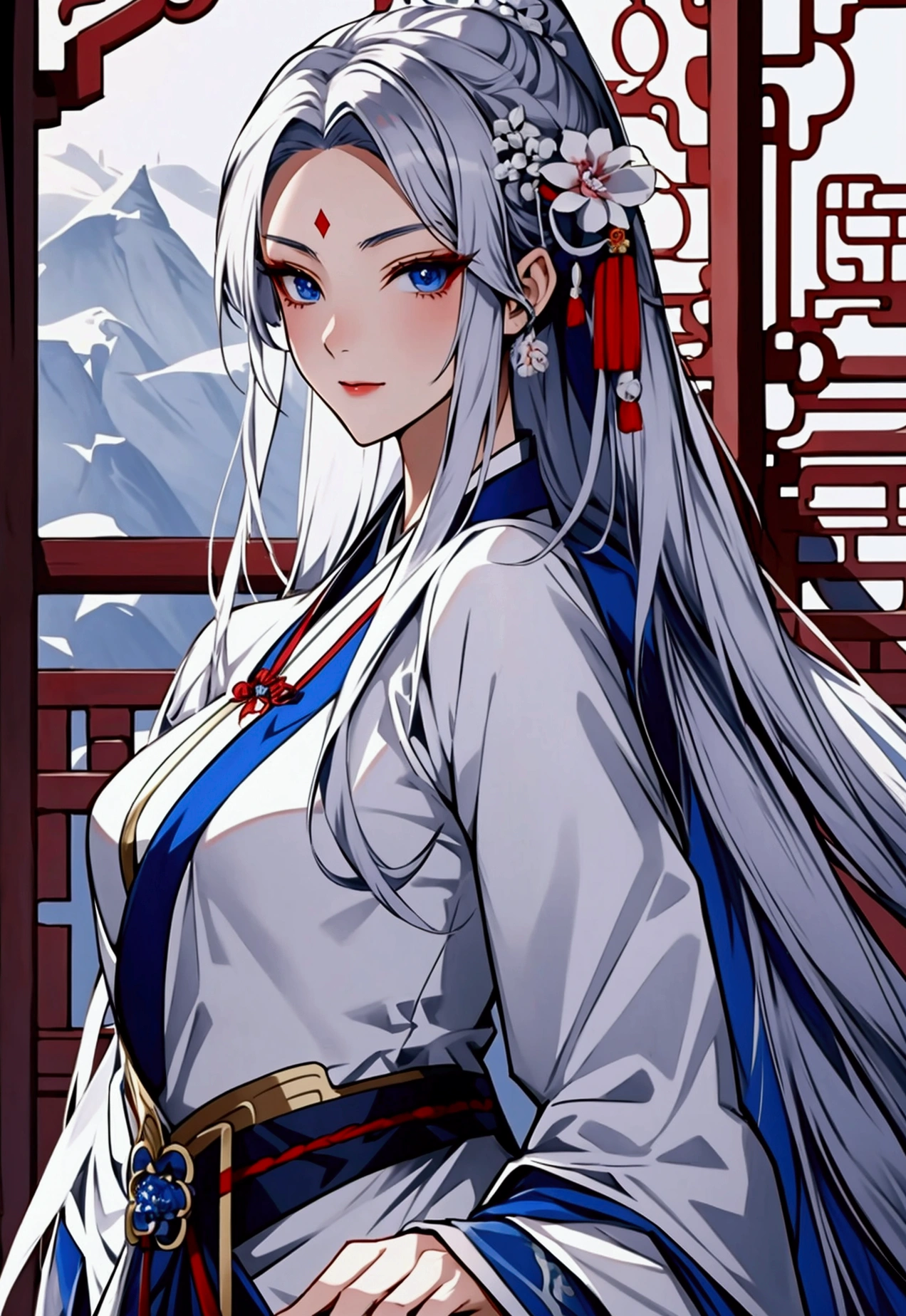 anime woman, beautiful, silver hair, blue eyes, long tied hair, cold and elegant expression, wearing white hanfu, xianxia art style, elegant, sword floating behind the back, taoist sect gate background,