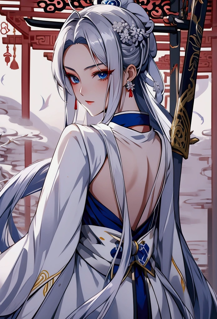 anime woman, beautiful, silver hair, blue eyes, long tied hair, cold and elegant expression, wearing white hanfu, xianxia art style, elegant, sword floating behind the back, taoist sect gate background,