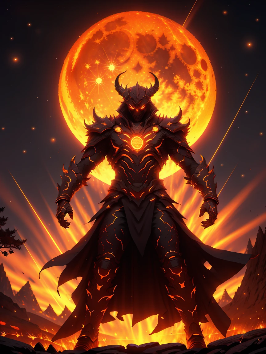 1man, a demonic demon standing in front of a full moon with a red light on his face and a red light on his head,fire,aurora,burning, emb3r4rmor ,embers,glowing,cloud,glowing eyes,campfire,crescent moon,male focus,constellation,cloudy sky,light particles,flame,solo,night sky,diffraction spikes,dusk,full moon,sky,galaxy,space,sparkle,star \(sky\),molten rock,starry sky,moon,moonlight,gradient sky,night,lens flare,red moon,orange sky,outdoors,red sky,sunset,milky way,sun,planet,shooting star,purple sky,starry background,twilight,1man, with layer
((best quality)),((masterpiece)),((highres)),((detailed)), original, extremely detailed 8K wallpaper,intricate details, hyperdetailed, hyper quality, high detail, ultra detailed,perfect lighting,, anime,comic,game CG,