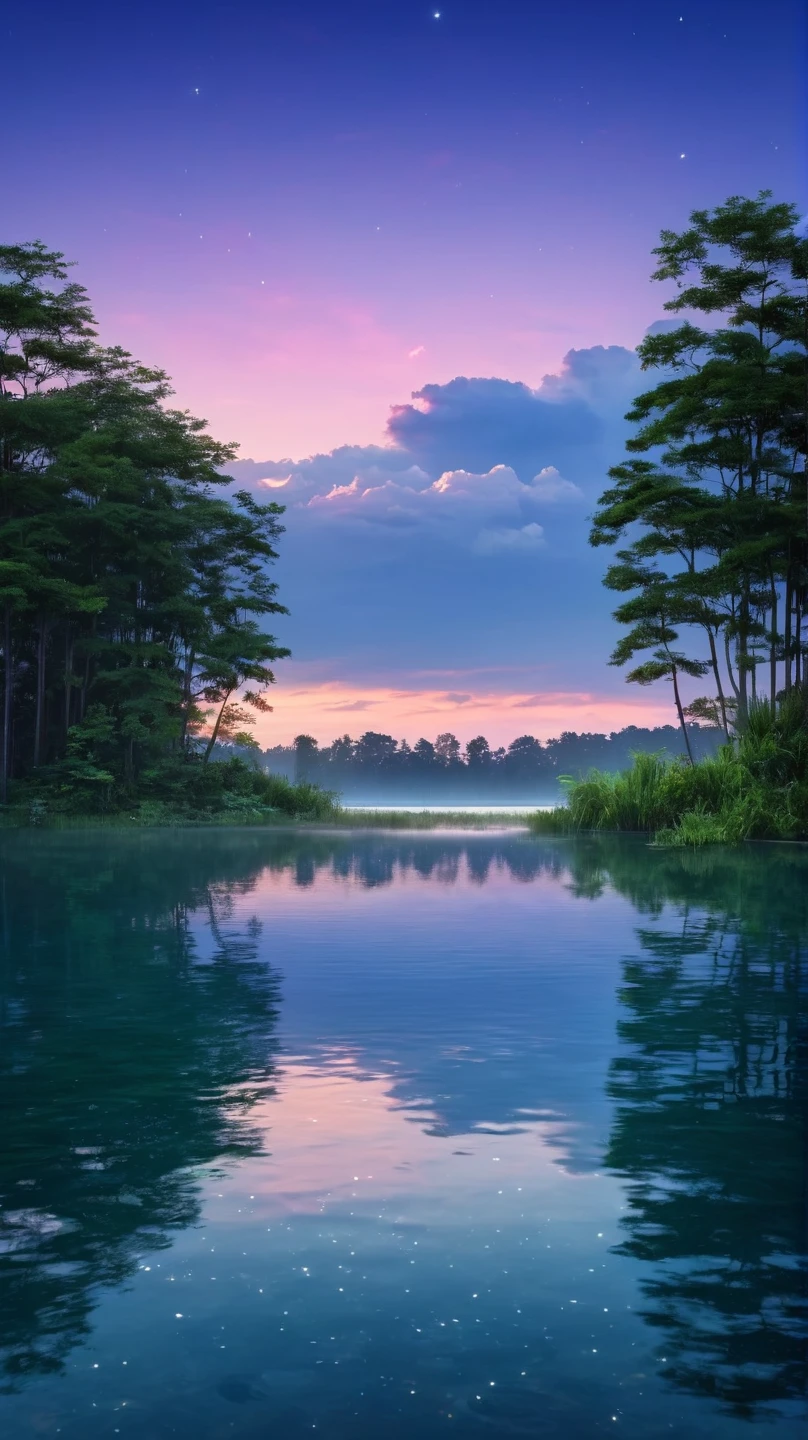 Celestial Lake at dusk, Natural Light, Romantic scene