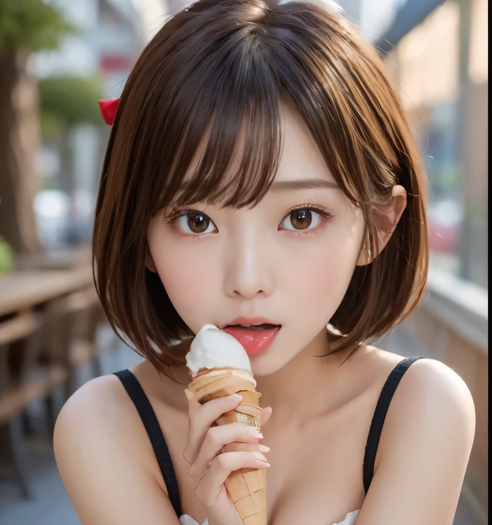 Best Quality、8k、masterpiece、    ultra high resolution 、RAW Photos   、 Clear Photos   、 Realistic Photos   、Realistic   、  ( Very Cute Girl  、beautiful girl、 Cute Yuki Yoda 、The cutest in the world)、   short bob hair、Brown Hair、  Sexy Faces、(  open your mouth 、 Licking Soft Ice Cream:1.2、 stick out your tongue )、(slouch、 abstract Halloween background with visible cleavage )