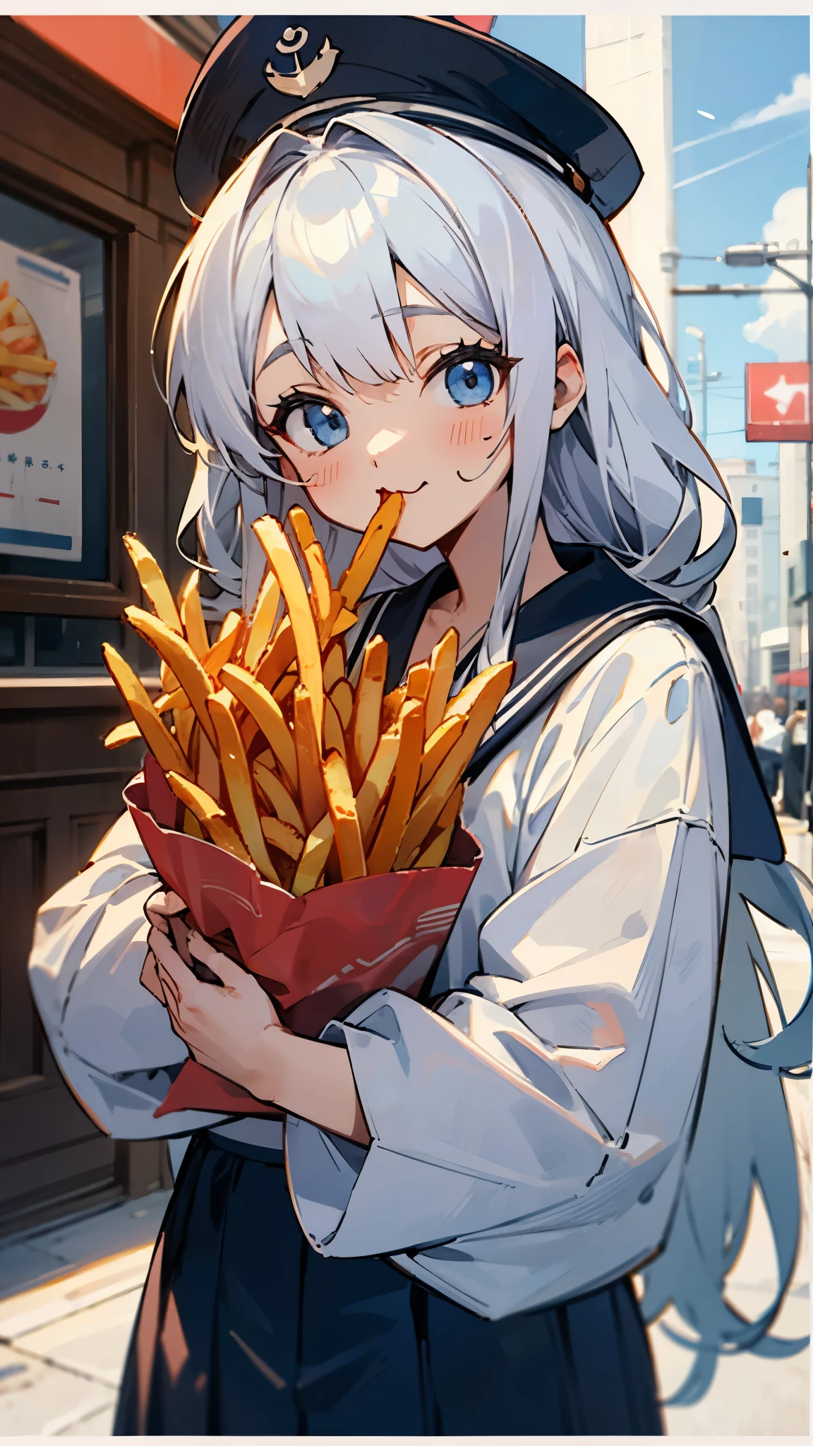 Silver Hair、 long hair 、 blue eyes、 sailor suit、cute、 eats french fries、delicious