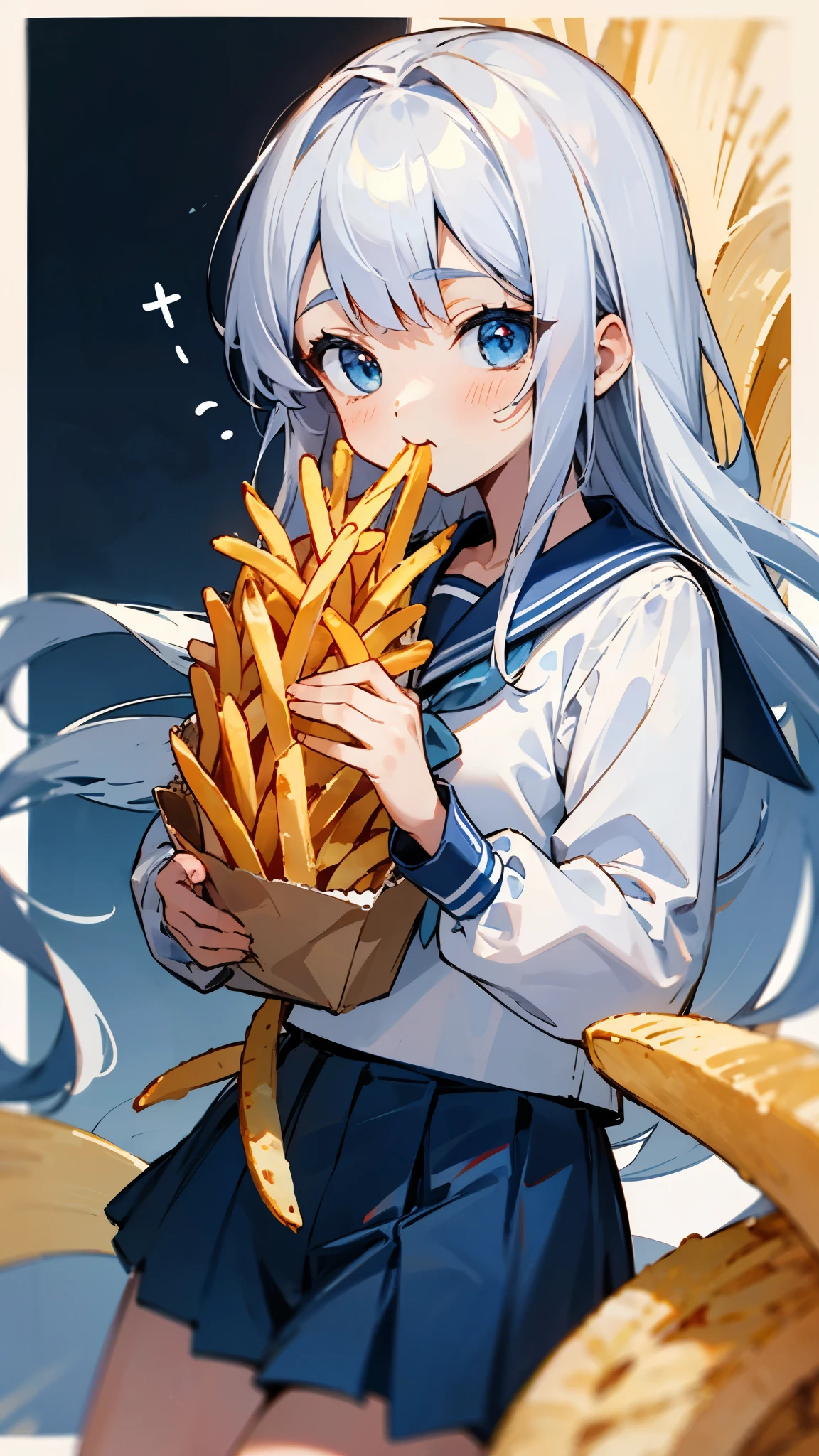 Silver Hair、 long hair 、 blue eyes、 sailor suit、cute、 eats french fries、delicious