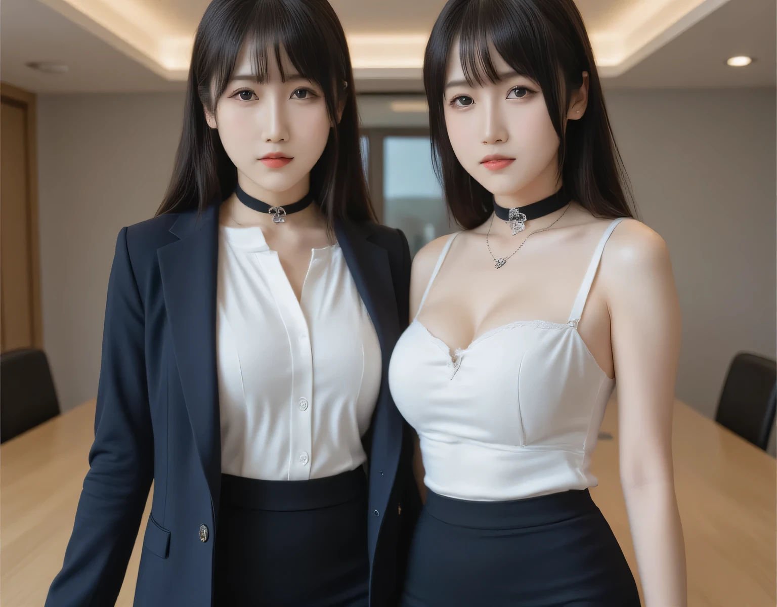 score_9, score_8, score_7up, Best Quality, masterpiece, live-action, Surreal, duo, Japanese secretary and American secretary、 (Beauty, white shirt 、 navy blue blazer、uniform、 black choker), Big Breasts, (( layered haircut)),(8k,Best Quality), Shooting from a medium distance, Adorable, Slim face, slim body, smile, short brown haired , black choker, Almond Eye, bangs、very rich and long lashes、((Big Breasts)), poses, Meeting Room