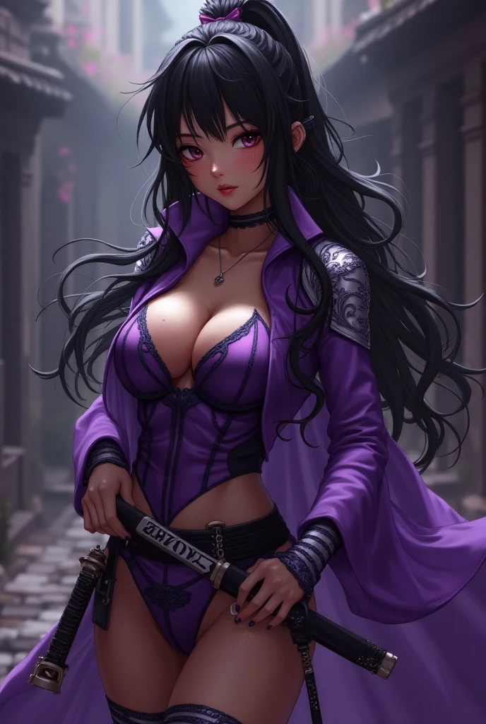 A girl with lazy really long black hair covering her right eye, sharp purple eyes, a muscularly lean body with strong forearms, wearing a black suit with a long black skirt, black thights, black gloves and violet jewelry and black chains, carrying a purple katana on her waist. Assassin in an urban city. 