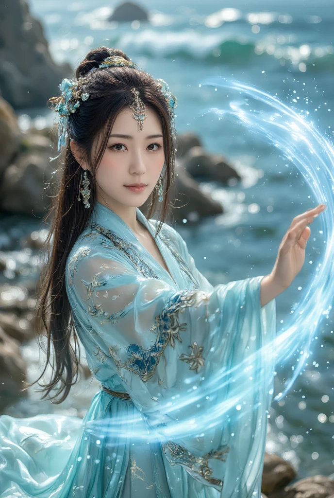 1 girl ( Li Yitong, extremely beautiful face), hanfu,realistic, waist shot,
(Masterpiece, high quality, best, official art, beautiful and beautiful, long-term contact:1.2),smooth movement,charming patterns,
1 girl,jade eyes,long black hair,
Portrait,alone,upper body,watching audience,detailed background,detailed facial information,(crystalline aluminum, crystal theme:1.1),elemental water wizard,swirling water,controlling the water,fantasy wizard clothing,dynamic posture,floating particles,ethereal dynamics,water,steam,background for the ocean,blue tones,coast,sacred atmosphere,