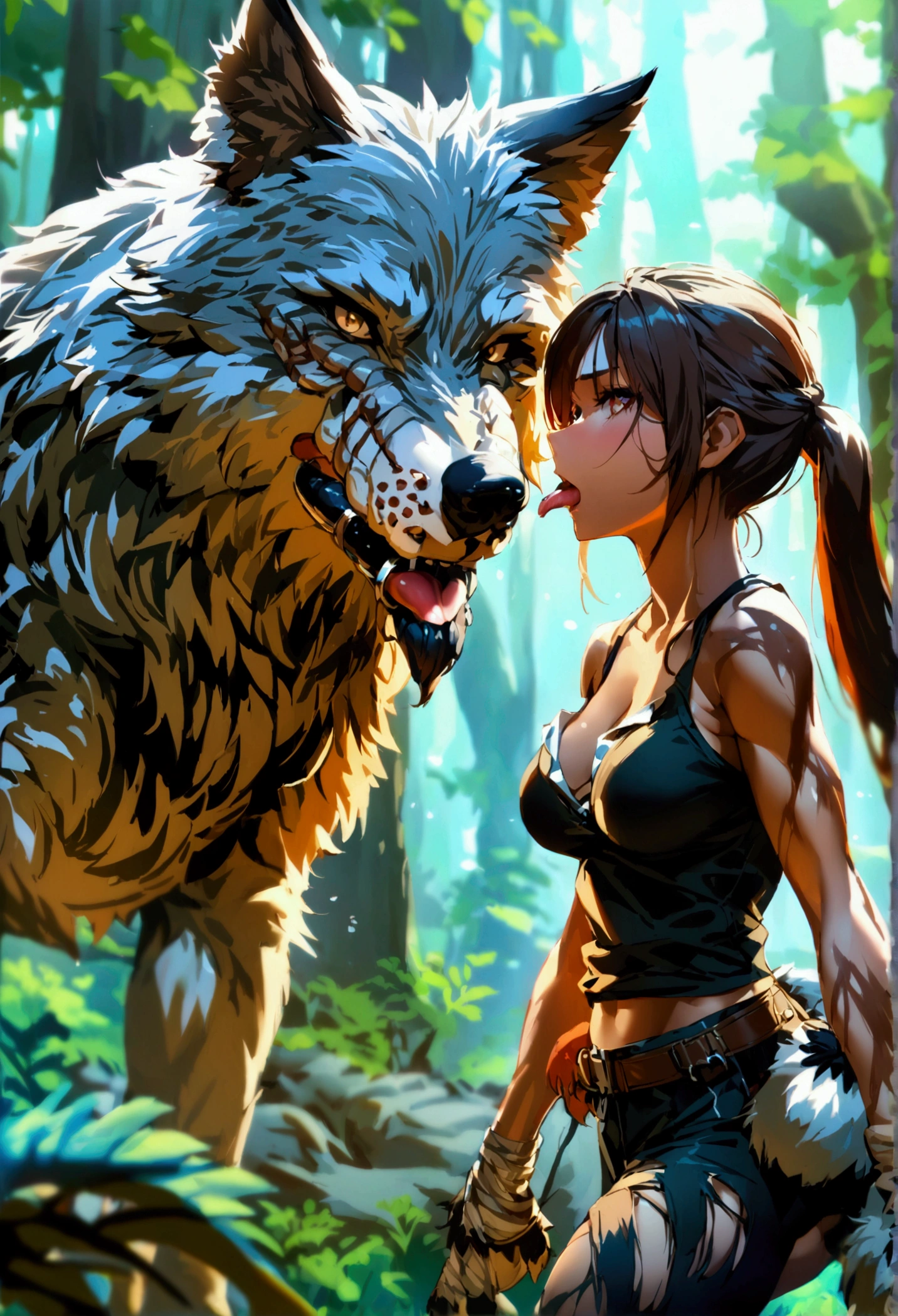 (1girl), Solo, Extremely cute, Amazing face and eyes, (Beautiful lovely smile), Blonde hair, (extremely detailed beautiful face), bright shiny lips, (Big breasts), (Best Quality:1.4), (Ultra-detailed), (A hyper-realistic, Photorealsitic:1.37), Beautiful fair skin, extremely detailed CG unified 8k wallpaper, RAW Photos, professional photograpy, Cinematic lighting, dense woods, (nighttime scene, Quiet Night Jungle:1.2), (a ferocious beast attacks:1.7), (Silence, night sky:1.3),