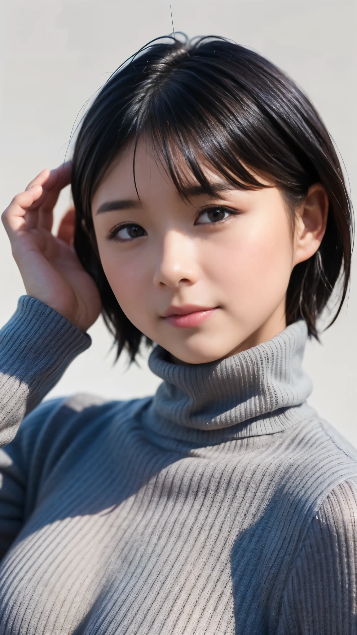 Best Quality,masterpiece, ultra high resolution,high definition raw color photo, professional photos , natural skin texture, fine skin, hyperrealism, Japanese Women,( Shortcut Hair, face up ,grey turtleneck)