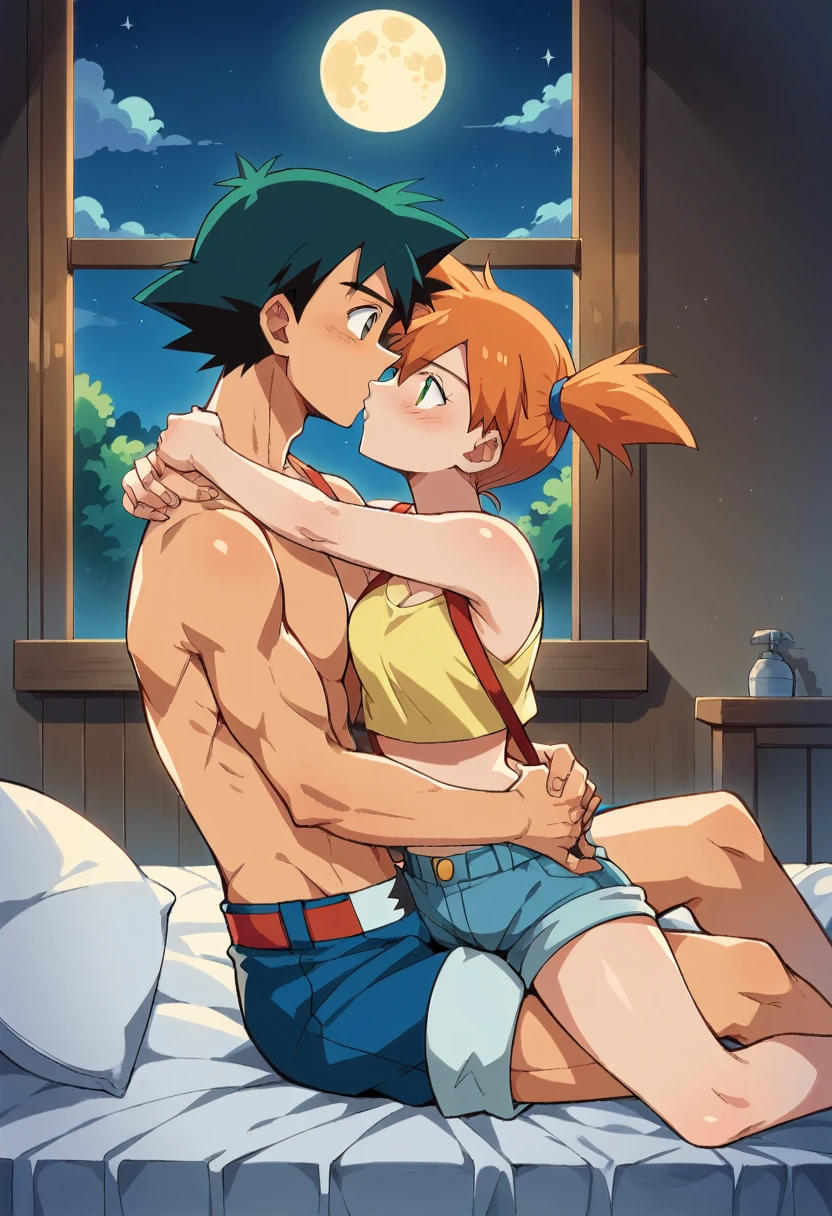 1boy, black hair, short hair, brown eyes, hair between eyes, ash ketchum, in underwear, taking off underwear, mens underwear, shirtless, in a room 1girl, orange hair, side ponytail, green eyes, misty pokemon, lingerie photograph of a 18 years old couple, they're showing off their love and affection for each other, they're caressing, intimacy, erotic moment