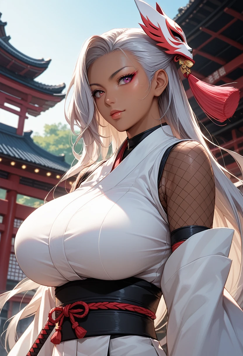 Carmilla, (samurai white armor, naked breasts:1.2), crown, cloak, fluttering hair, long wavy hair, long curl hair, ponytail, huge tit, thick thighs, huge hip, abdominal muscle, upper body from below, hands on hip, moss of abandoned castle, gentle smile, sunset