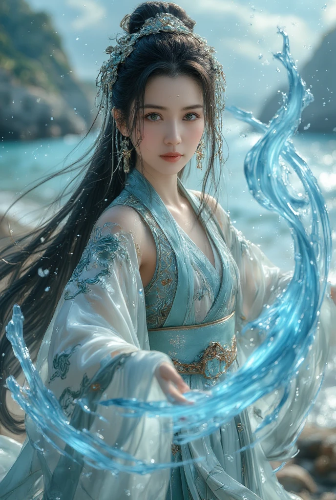 1 girl (extremely beautiful face), hanfu,realistic,
(Masterpiece, high quality, best, official art, beautiful and beautiful, long-term contact:1.2),smooth movement,charming patterns,
1 girl,jade eyes,long black hair,
Portrait,alone,upper body,watching audience,detailed background,detailed facial information,(crystalline aluminum, crystal theme:1.1),elemental water wizard,swirling water,controlling the water,fantasy wizard clothing,dynamic posture,floating particles,ethereal dynamics,water,steam,background for the ocean,blue tones,coast,sacred atmosphere,