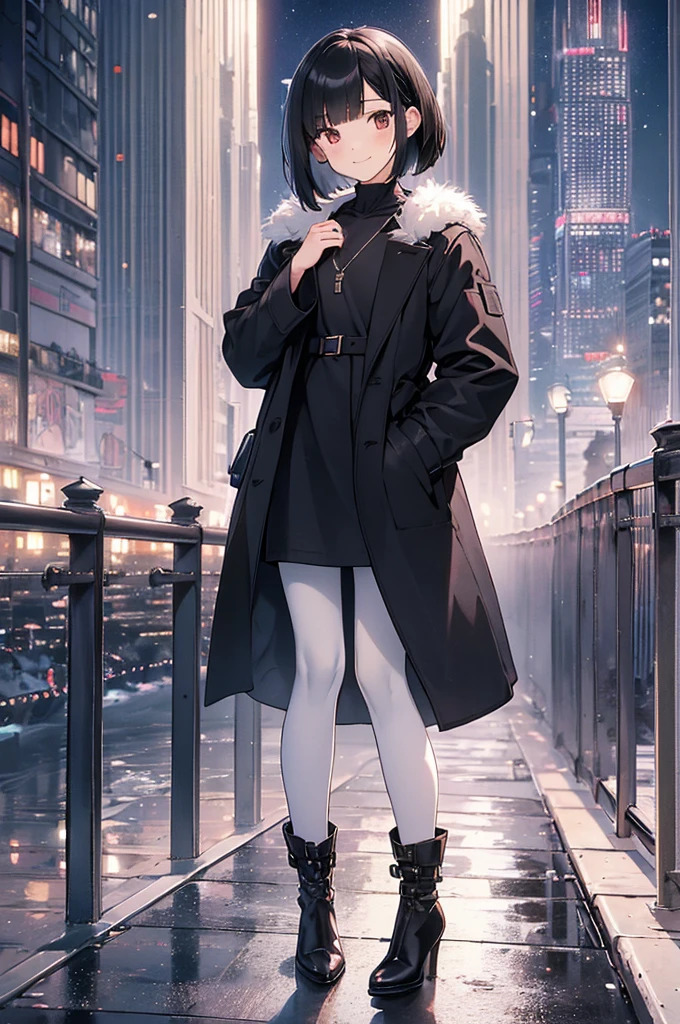 Best Quality, Official Art, masterpiece,(1 person:2.0), Neutral Men's ,( flat chest:1.3),(7 heads), Black Hair ,(Bob Cut Hair),blouse, gentle loneliness ,duffle coat with white fur,(black pantyhose),  Mouton Boots ,Beautiful cityscape, Skyscrapers,Night view,wind, dye your cheeks red,( happy smile)