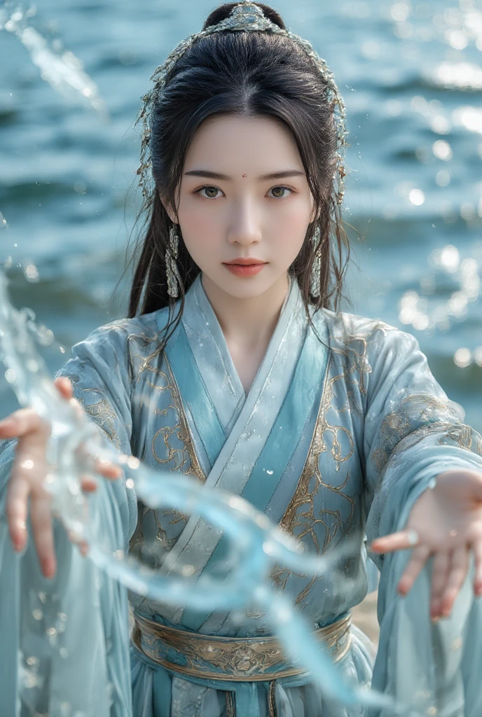 1 girl (extremely beautiful face), hanfu,realistic,
(Masterpiece, high quality, best, official art, beautiful and beautiful, long-term contact:1.2),smooth movement,charming patterns,
1 girl,jade eyes,long black hair,
Portrait,alone,upper body,watching audience,detailed background,detailed facial information,(crystalline aluminum, crystal theme:1.1),elemental water wizard,swirling water,controlling the water,fantasy wizard clothing,dynamic posture,floating particles,ethereal dynamics,water,steam,background for the ocean,blue tones,coast,sacred atmosphere,