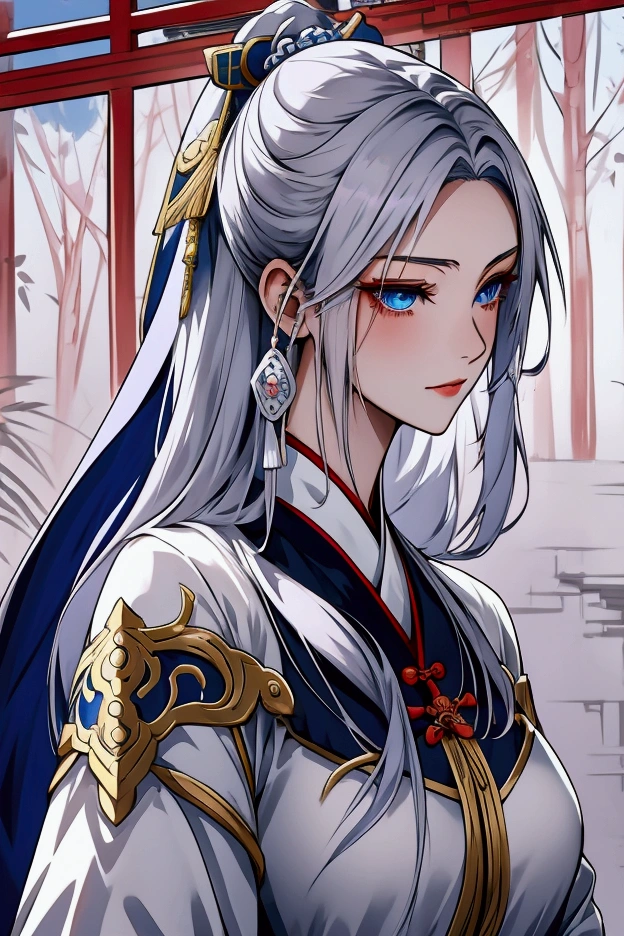 anime woman, beautiful, silver hair, blue eyes, long tied hair, cold and elegant expression, wearing white hanfu, xianxia art style, elegant, sword floating behind the back, taoist sect gate background,