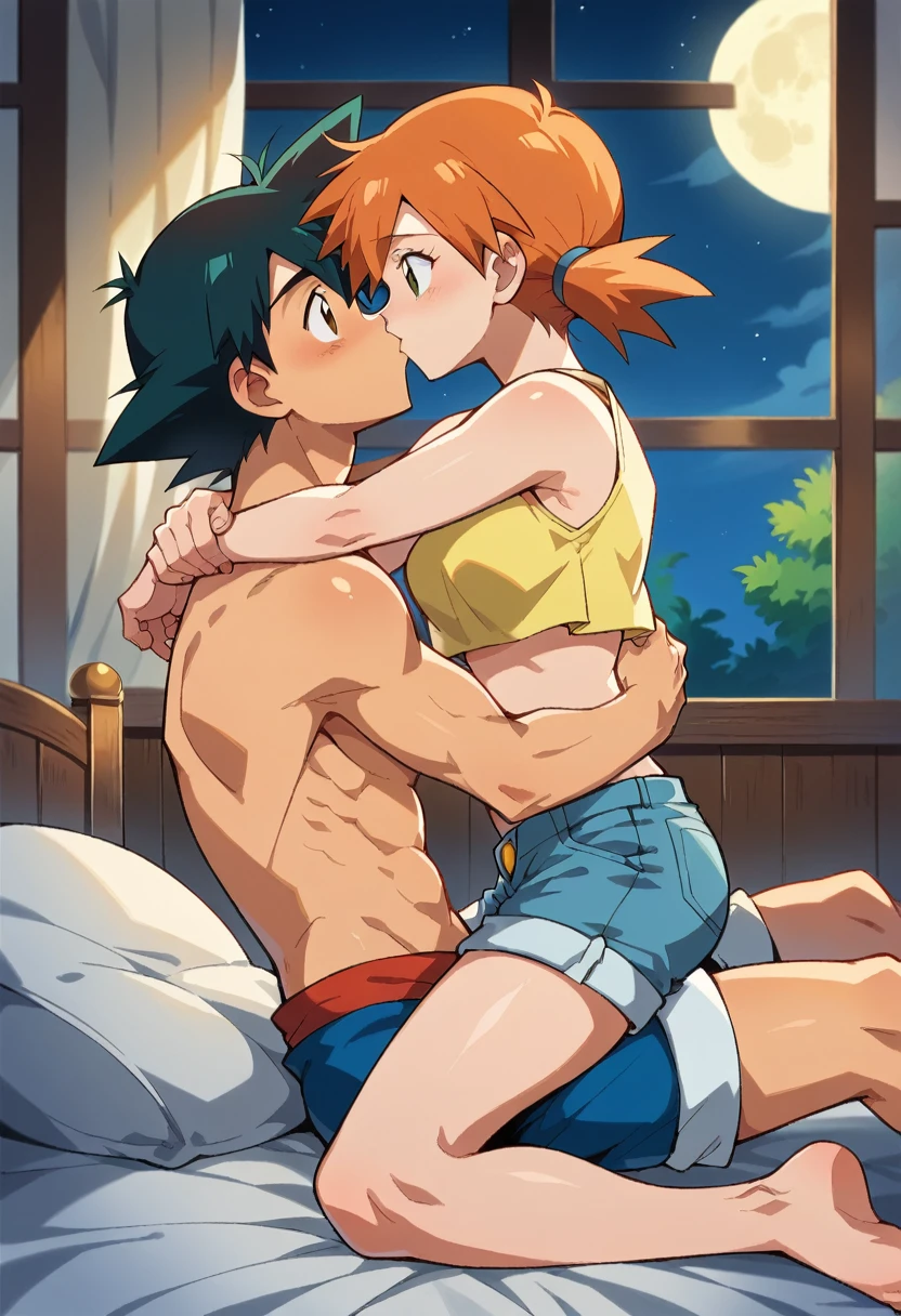 1boy, black hair, short hair, brown eyes, hair between eyes, ash ketchum, men shorts, shirtless, handsome boy, macho, good looking boy, sitting in a bed, hugging her wrist 1girl, orange hair, side ponytail, green eyes, misty pokemon, yellow crop top, jean shorts, pretty, beautiful girl, sitting on top of him, cowgirl position, putting her hand on his chest, hugging his back, in a bed photograph of a 18 years old couple, at night, they're showing off their love and affection for each other, they're caressing, looking at each other, intimacy, erotic moment, lovemaking, at night, a window in the background, starry night with a full moon, an approaching kiss 