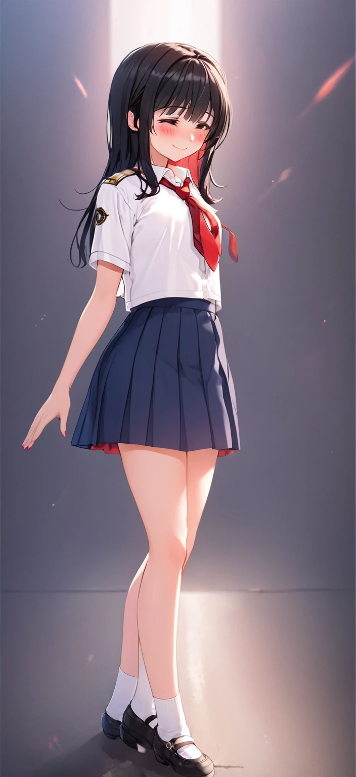 1 woman,High school girl, cute woman ,Wearing a white uniform, navy blue skirt,The tie is red,Black Hair,blush, is shy ,smile,Looking Down