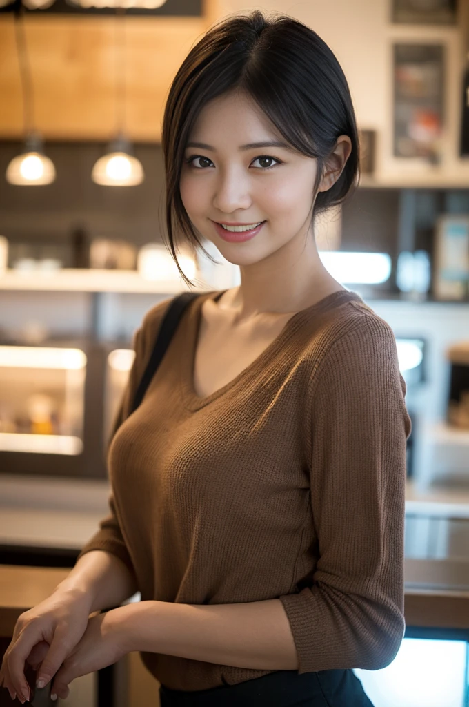 
(8k, RAW photo, photorealistic, HQ, masterpiece), a cute Japanese woman, (glowing eyes, dark brown eyes), (laugh ), black hair, (clerk in café), medium breasts, Depth of field rally background, backlighting, face light,