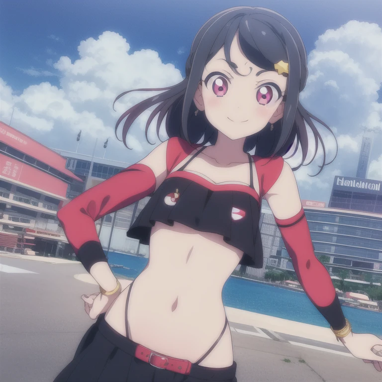 (masterpiece, 4K, Highest quality, anime style: 1.9, Detailed face, cute, bold, High resolution, anime, alone, Curvaceous, Very slim belly, Cowboy Shot, 1 person,(Cow print micro bikini),Naked in a swimsuit looking at the viewers,Pokémon_Yuuri,(On stage),((blush,Surprised face)),(Brown Hair),(Place your hands behind your head)
