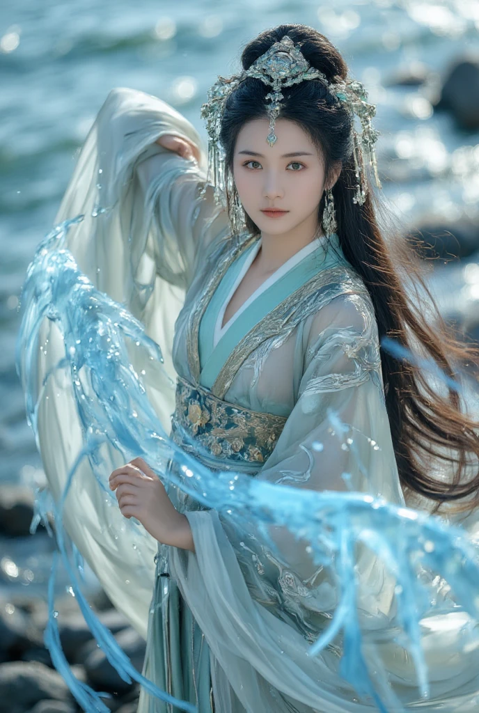 1 girl (extremely beautiful face), hanfu,realistic,
(Masterpiece, high quality, best, official art, beautiful and beautiful, long-term contact:1.2),smooth movement,charming patterns,
1 girl,jade eyes,long black hair,
Portrait,alone,upper body,watching audience,detailed background,detailed facial information,(crystalline aluminum, crystal theme:1.1),elemental water wizard,swirling water,controlling the water,fantasy wizard clothing,dynamic posture,floating particles,ethereal dynamics,water,steam,background for the ocean,blue tones,coast,sacred atmosphere,