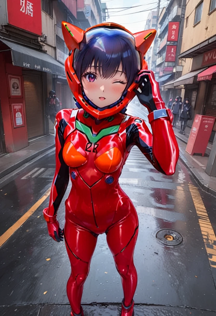 8k, Ultra-high resolution, Highest quality, masterpiece, Rule of thirds photograph,surreal, photograph, pretty girl, Cute Face, Beautiful eyes in every detail, Detailed,masterpiece,,,,,,,,,,, ( short hair, street, emo eyeliner, apocalypse, girl, city, road space helmet, muvluv, eva helm, evangelion,, plugsuit , space helmet, eva helm,red bodysuit, short hair, ,,plugsuit, red bodysuit,evangelion,(red helmet:1.2), space helmet, cat ears, Japanese female,hort hair, bangs, ahegao, red helmet,,upper body, selfie, one eye closed, 