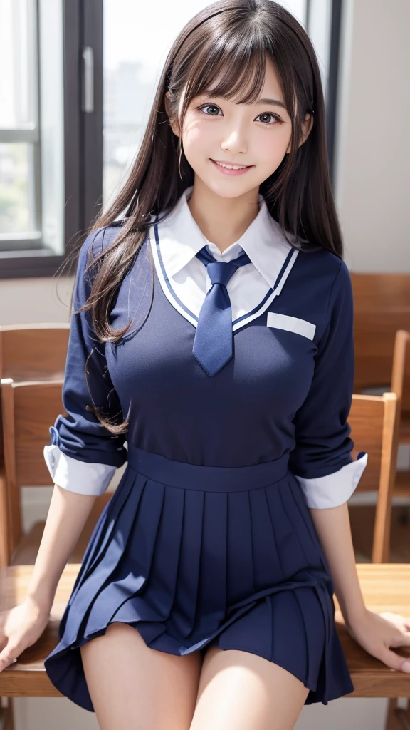 (masterpiece, Highest quality:1.2), 8K, Young and beautiful girl, 85mm,Official AR RAW Photos, Baby Face、Big in clothes 、Show me your ears、photo shoot, Cute face, Thighs, Classroom after school, Observe the audience, Embarrassing、smile、No makeup, Film Grain, chromatic aberration, Sharp focus, Face Light, Bright lighting, 10 generations, Detailed face, Background blur、((((((16-year-old high school girl))))))、Tight waist、Sailor suit、Navy blue mini skirt、Lift up your skirt with one hand'hand、White tiny panties、Wet、Spread your legs、((White panties))、((White panties))、((White panties))