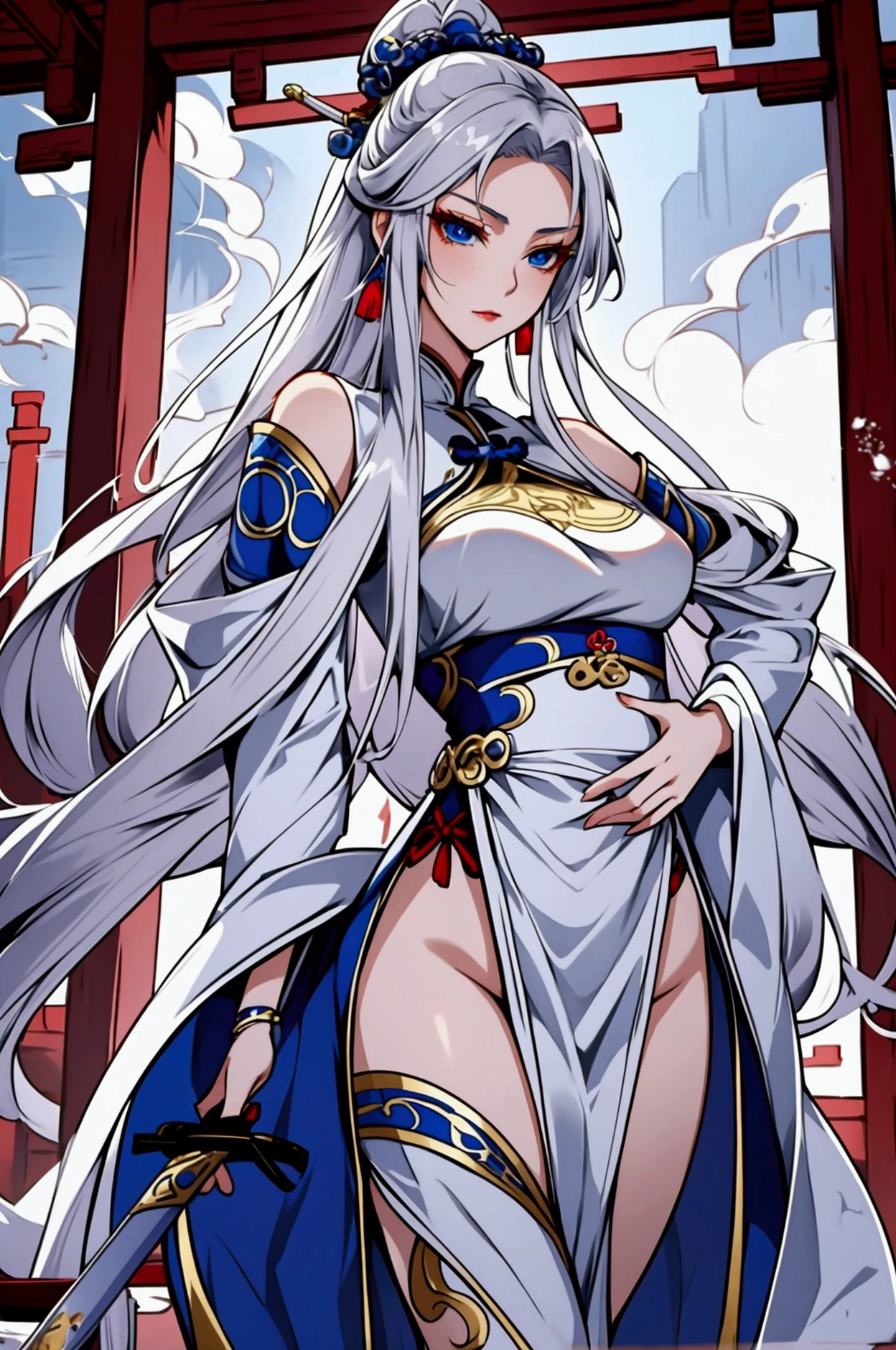 anime woman, beautiful, silver hair, blue eyes, long tied hair, cold and elegant expression, huge breasts, small waist, nice thighs, wearing white hanfu, xianxia art style, elegant, sword floating behind the back, taoist sect gate background,