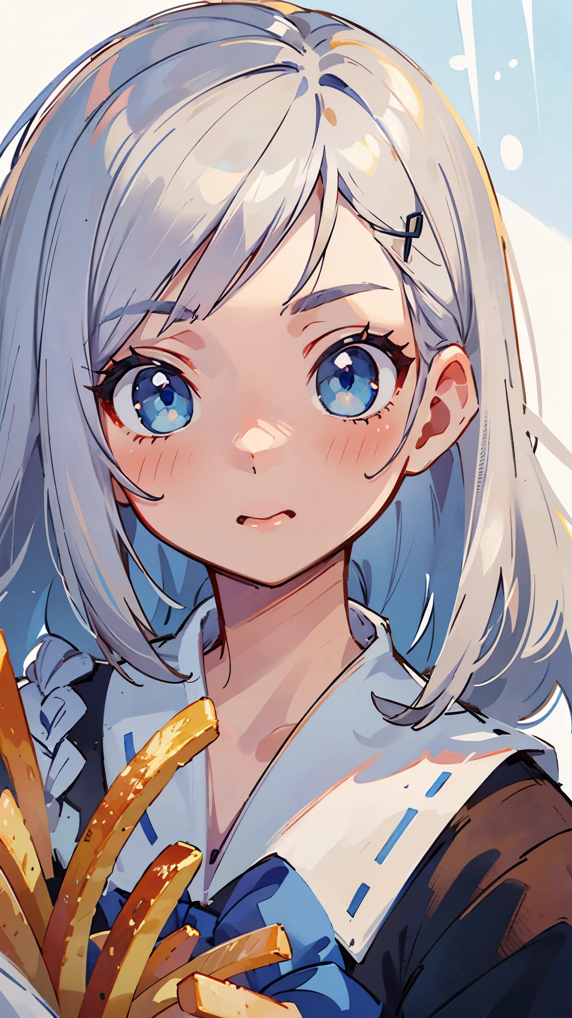 Silver Hair、 long hair 、 blue eyes、 sailor suit、cute、 eats french fries、delicious、 very detailed、(((Detailed eyes and face) ))、quality、Anime Paintings、