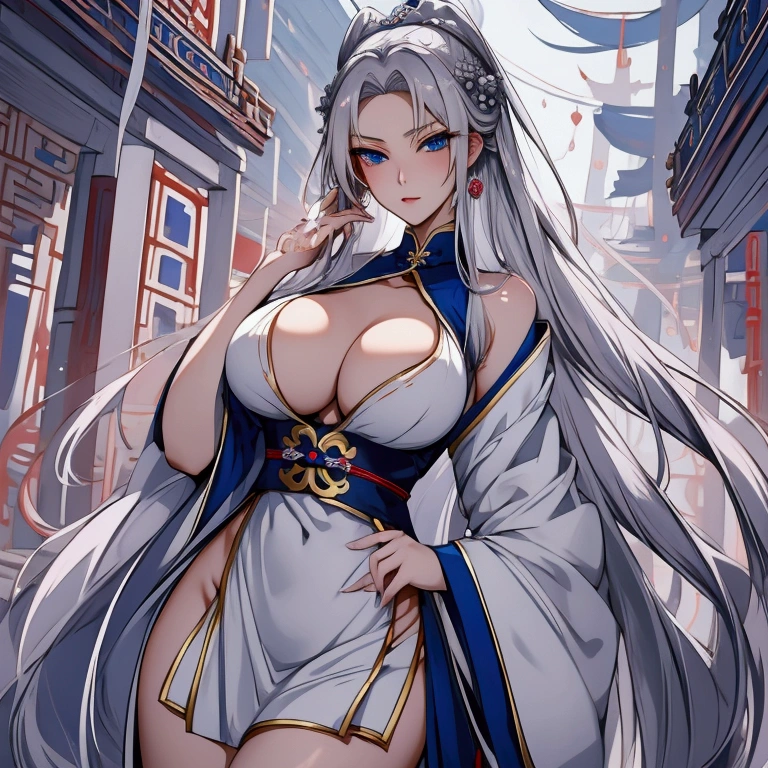 anime woman, beautiful, silver hair, blue eyes, long tied hair, cold and elegant expression, huge breasts, cleavage, small waist, nice thighs, wearing white hanfu, xianxia art style, elegant, sword floating behind the back, taoist sect gate background,