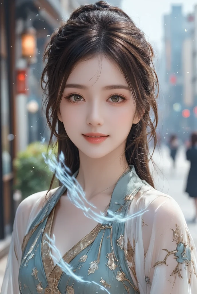 1 girl (extremely beautiful face), hanfu,realistic,
(Masterpiece, high quality, best, official art, beautiful and beautiful, long-term contact:1.2),smooth movement,charming patterns,
1 girl,jade eyes,long black hair,
Portrait,alone,upper body,watching audience,detailed background,detailed facial information,(crystalline aluminum, crystal theme:1.1),elemental water wizard,swirling water,controlling the water,fantasy wizard clothing,dynamic posture,floating particles,ethereal dynamics,water,steam,background for the ocean,blue tones,coast,sacred atmosphere,