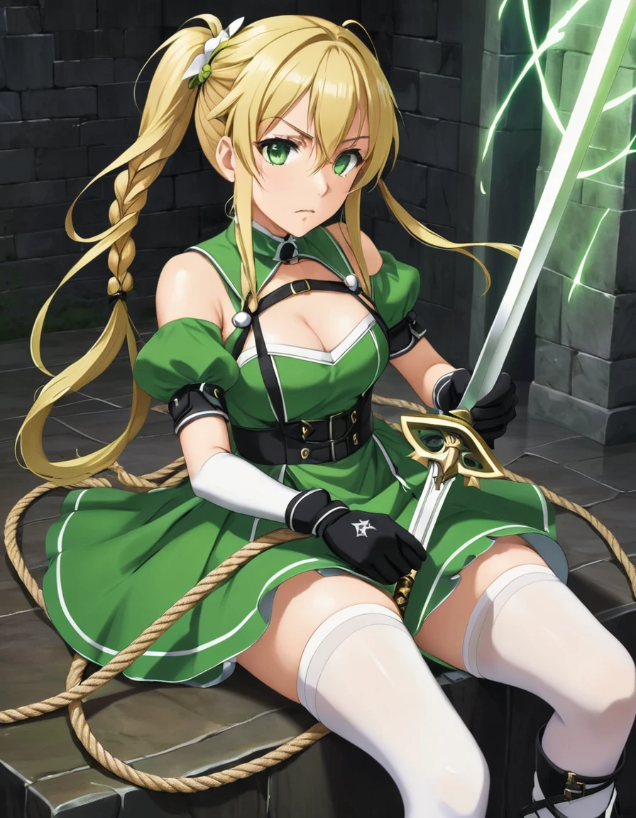 1girl, leafa alicization, green eyes, blonde hair, long hair, ponytail, hair between eyes, bangs, twin braids, hair tubes, hair ornament, green dress, black gloves, garter straps, white thighhighs, white footwear, blush, sword art online alicization war of underworld, napped, rope bondage, full body, gagged, ballgag, rope, bound arms, bound legs, white boots