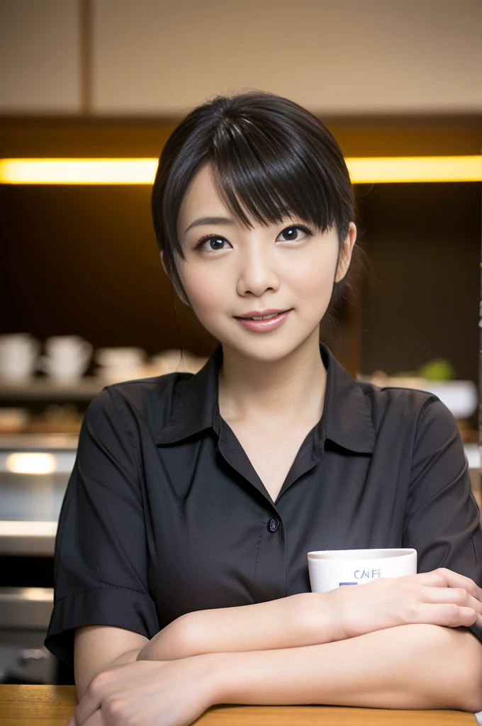 
(8k, RAW photo, photorealistic, HQ, masterpiece), a cute Japanese woman, (glowing eyes, dark brown eyes), (laugh ), black hair, (clerk in café), medium breasts, Depth of field rally background, backlighting, face light,