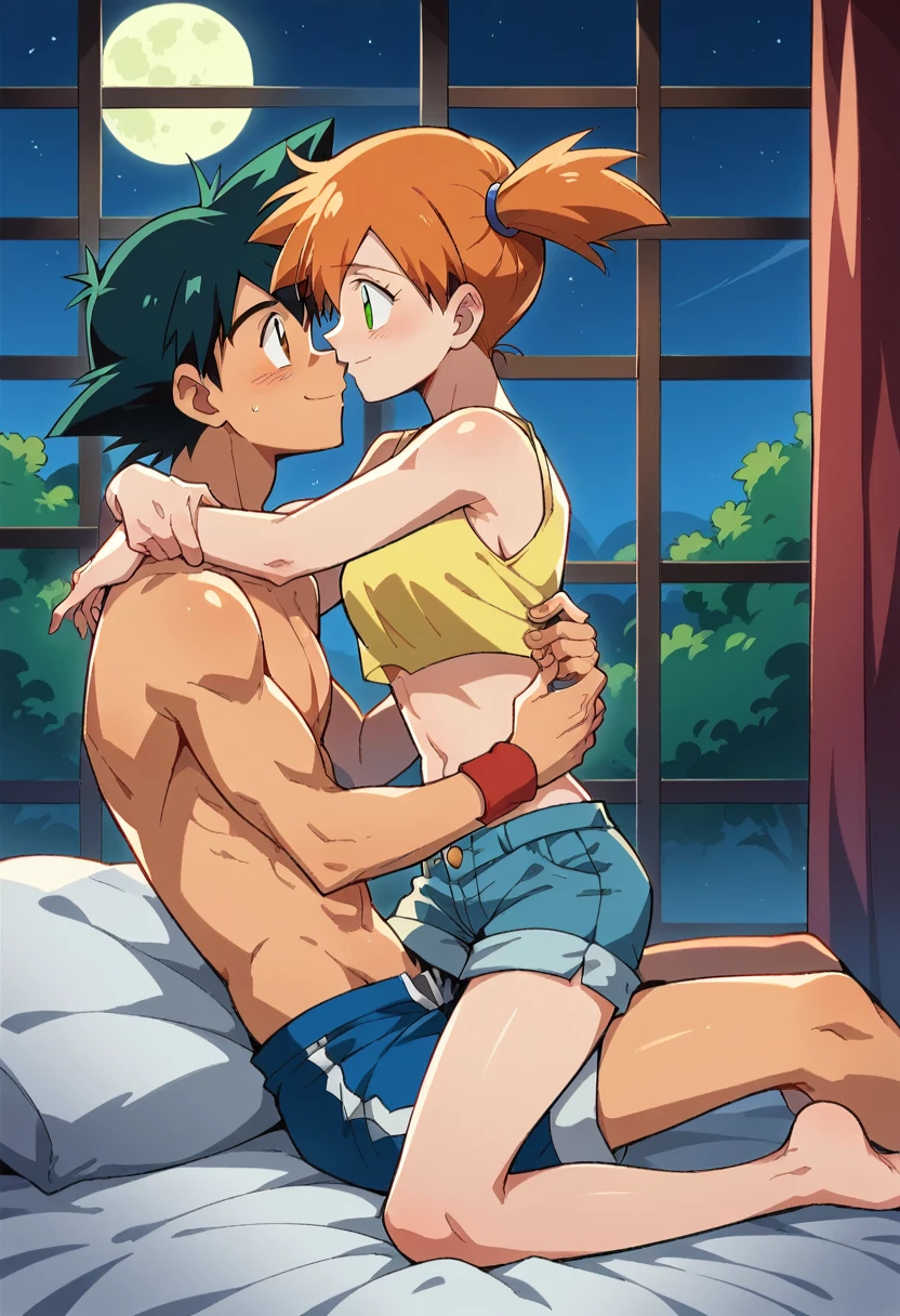 1boy, black hair, short hair, brown eyes, hair between eyes, ash ketchum, men shorts, shirtless, handsome boy, macho, good looking boy, sitting in a bed, hugging her wrist 1girl, orange hair, side ponytail, green eyes, misty pokemon, yellow crop top, jean shorts, pretty, beautiful girl, sitting on top of him, cowgirl position, putting her hand on his chest, hugging his back, in a bed photograph of a 18 years old couple, at night, they're showing off their love and affection for each other, they're caressing, looking at each other, intimacy, erotic moment, lovemaking, at night, a window in the background, starry night with a full moon