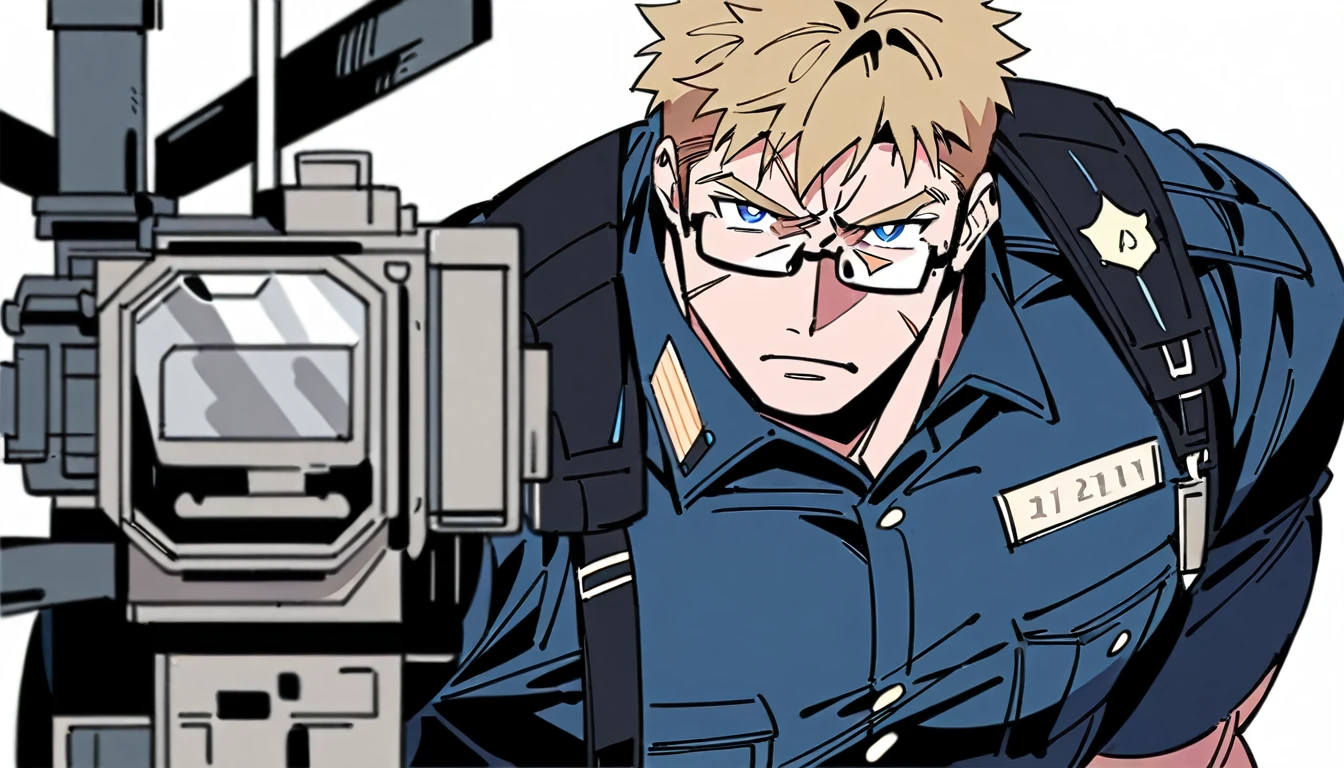  Blue pupils, pectoralis major, glasses,blond，Short hair， black military uniform ，Police boots，  bigger muscles， Scar German Style Oblique Lens,  illustration,  best quality , simple background without subject/ no background ,  Overhead Camera,  Closeup ,  serious expression，youth，Serious，seme,Muscular,Muscular male,large pectorals, 