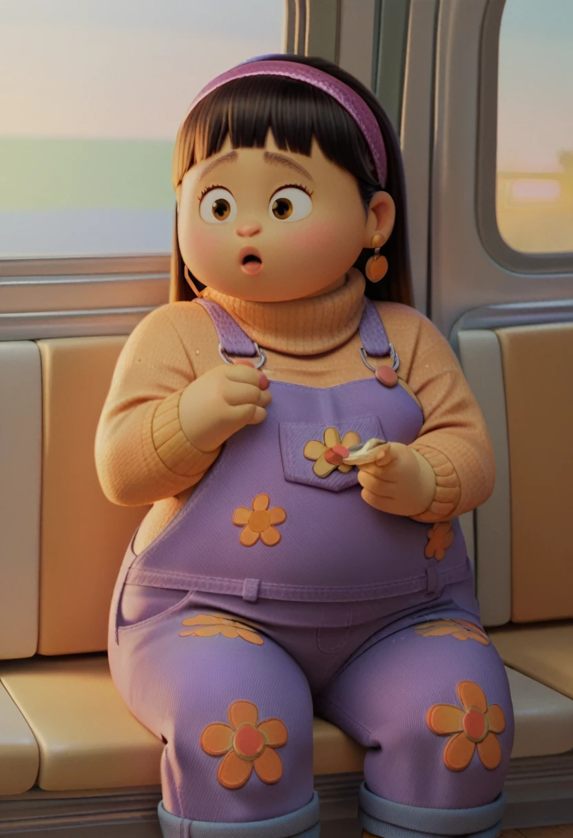 Abby_ Chubby Park  , chubby,  long black hair ,   with bangs  , ojos marrones,  Jumpsuit sweater ,  hair band , 

score_9,  Score 8 ,  Score 7 , Score 6 ,

 a girl,  medium breasts, 

mirando al espectador,  sitting on the bus,  opening the legs ,