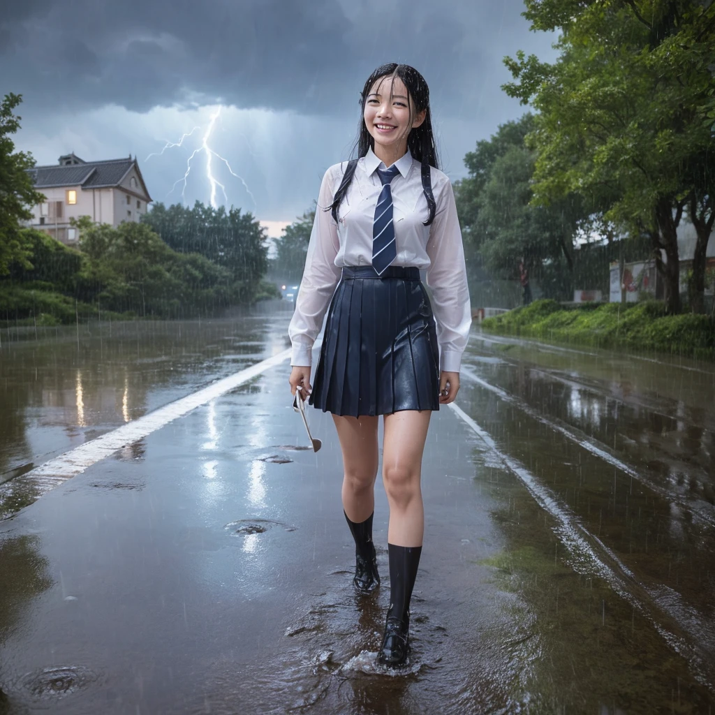 (8k, Ultra High Resolution, Best Quality, Masterpiece: 1.2), Ultra Realistic, (Realistic, Photorealistic: 1.37), (Realistic Skin: 1.2), Ultra HD, Canon EOS RP, 8k, Korean Woman, Smiling, (Screaming: 1.4), (Chubby: 1.4), ((Super Curvy)))) (Mature Woman: 1.3), (Checked Mini Pleated Skirt: 1.2), (Tie: 1.5), (Heavy Rain: 1.3), (Thunderstorm: 1.4), (Rainstorm: 1.5),