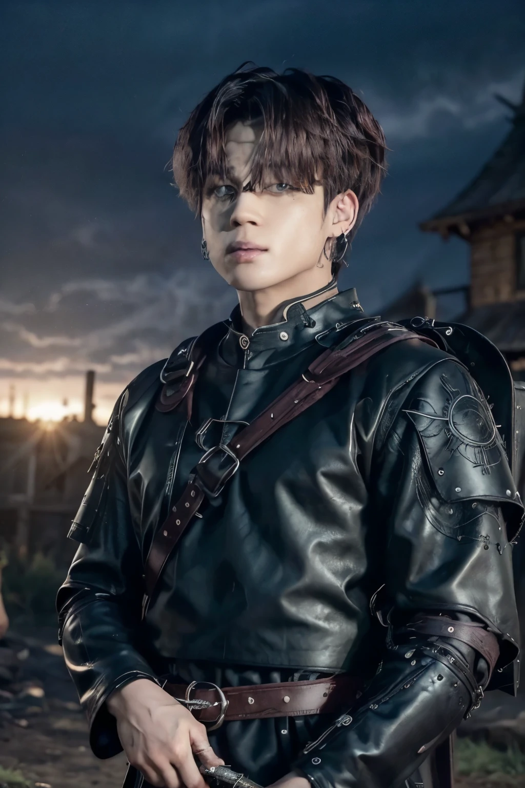 "Title:  Medieval Encounter

Description: Jungkook (BTS) e Jimin (BTS)  in medieval setting .
- Jungkook:  short black hair , dark brown eyes, lip piercing,  leather armor , katana sword.
- Jimin:  short blond hair, emerald green eyes, piercing no nariz,  stranger's clothing , backpack and map .
scenario:  Medieval City on Fire , sunset, ruins, debris, Campfires burning."
