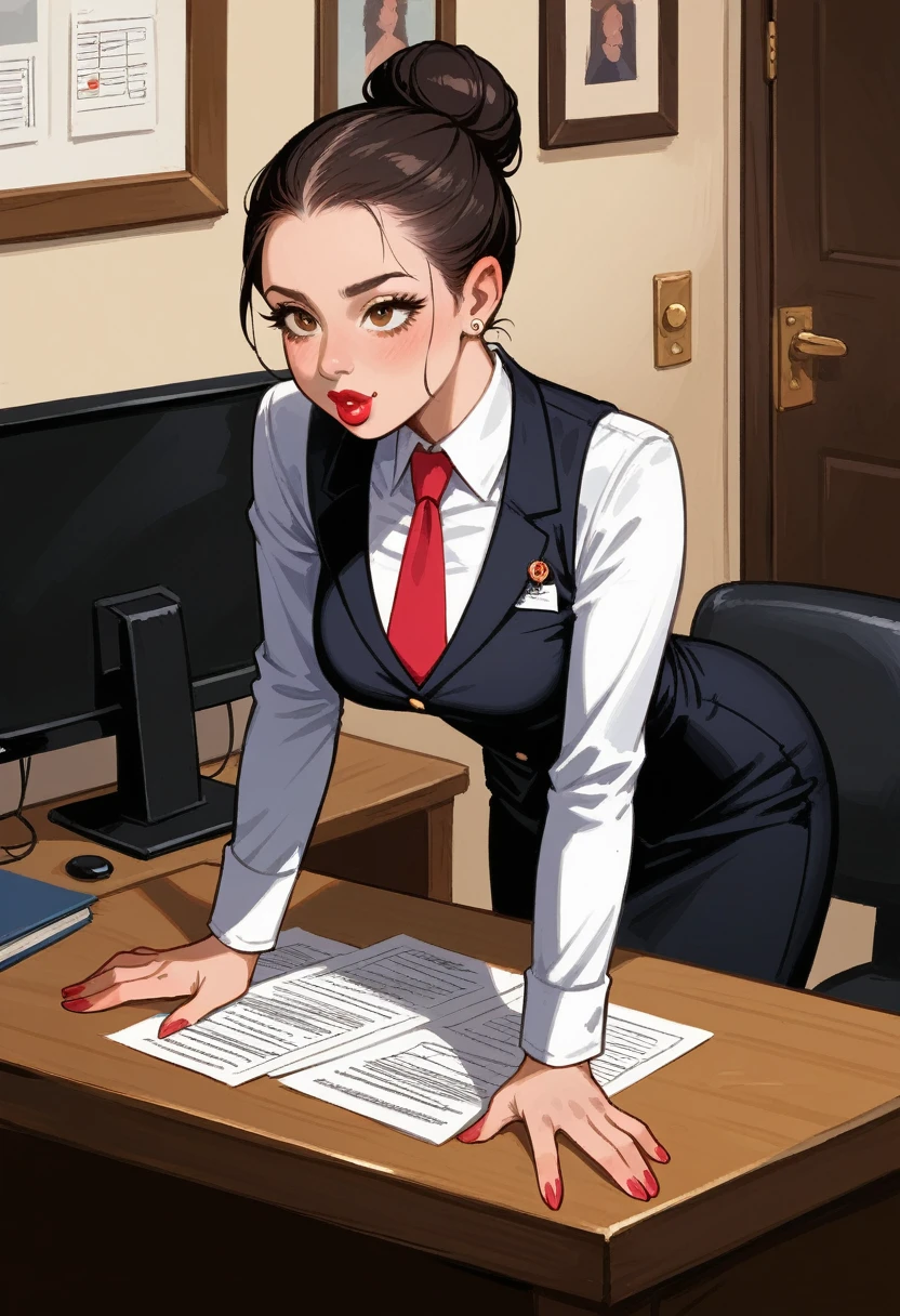 Secretary girl bend over the table,bend over,on table,ultra-detailed, photorealistic, best quality, 4k, 8k, highres, masterpiece:1.3), a stunning and formidable 22 years old hot girl with a perfect beautiful figure ,she has long, sleek black  hair often tied in a professional bun or ponytail, sharp symmetrical features, piercing brown eyes, and high cheekbones. She wears thick rose pink colour wet shiny Glow glossy lipstick because her boss like taste them.stoberry oily lipstick,She is dressed in stylish and wearing a tight mini dress. The background features a luxurious office setting, emphasizing her role as p Diddy's secretary and sex partner.she getting ready give perfect blowjob to her boss for happy him,Her intelligent and calculated demeanor is evident, capturing her dual role of professional and protector. (intricate detail, supenely detailed hands, ultra finely detailed fingers, full body showcase, show full body). full body picture 