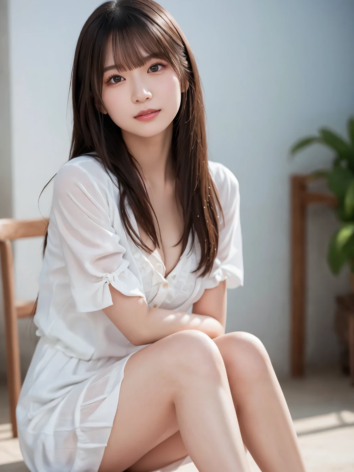  white shirt 、 complex and beautiful eyes、woman、 womanらしい黒髪、(Long and beautiful legs : 1.5), (one piece : 1.6), (Delicate and realistic hair、１Realistic hair)、bangs、 natural colored lips、smile、((White Indoor))、((18歳woman:1.2))、 young and adorable Japanese face wrapping a rope around their legs, Official Art， very detailedなCGユニティ8Kの壁紙，（masterpiece:1.0),(Best Quality:1.0), 超 high resolution on down,4K, very detailed, photo shoot, 8k,  NFSD ,  high resolution on down, kodak portrait 400,  film grain,  lens flare glow ,高いest quality,8k, NFSD :1.2),  Portrait Shot ,8k、 viewer, (((Front View))), (((Front View))), ((facing))、 body facing forward、Bold cleavage、 tight chest、 small face, Best Quality、 Super beautiful images、 upper body、stand up