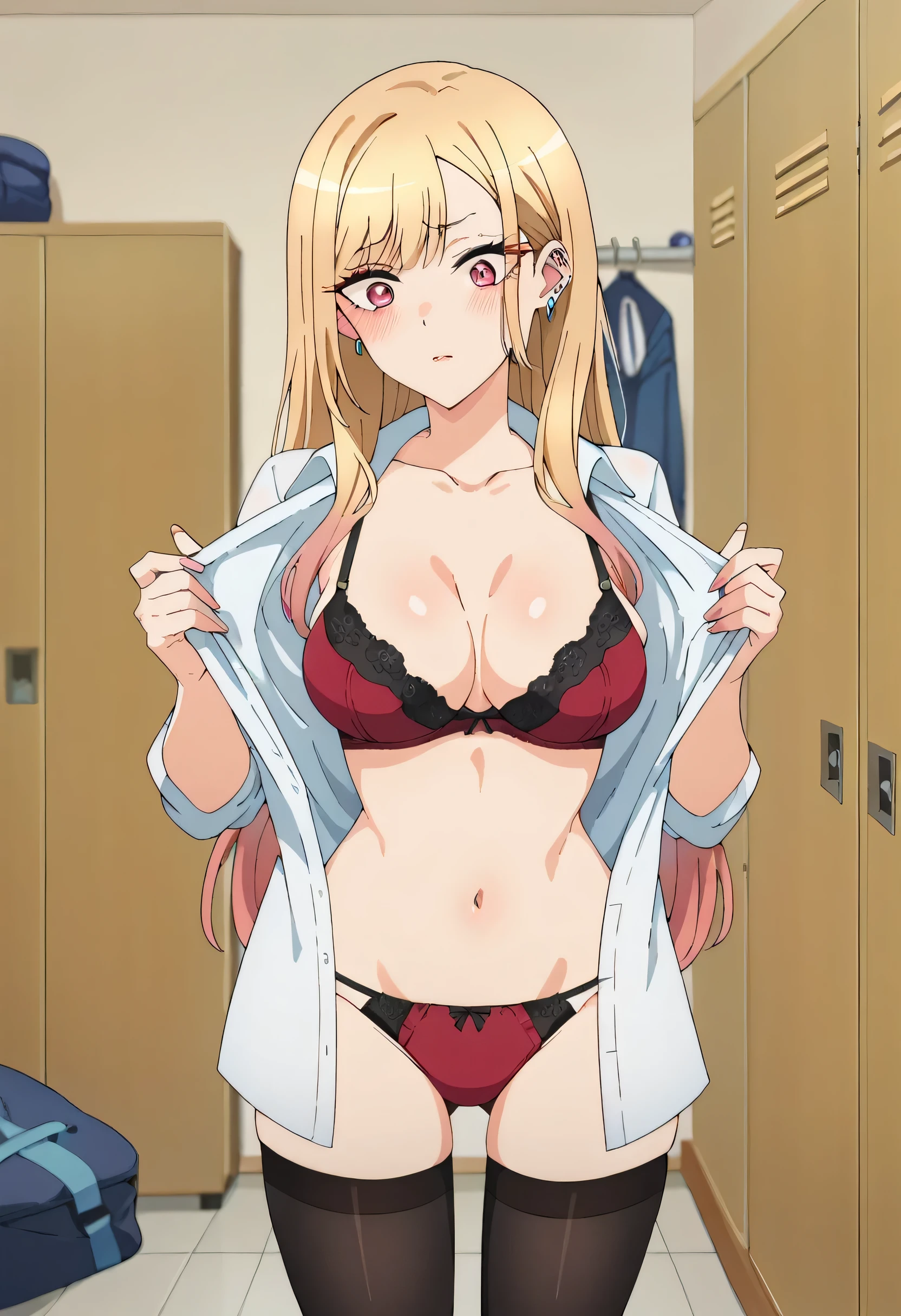 kitagawa_marin, multicolored hair, blonde hair, long hair, magenta eyes, ear piercing, earrings, pink nails, makeup, multicolored hair, red bra, red panties, black thighhighs, changing room, clothes room, medium breasts, rounded breasts, blush, MULTICOLORED HAIR, marin kitagawa, KitagawaMarin, upper body