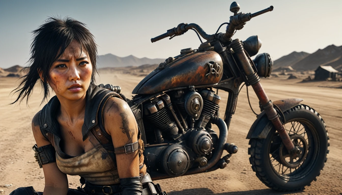 ８ｋ,Realistic Skin Texture、Superrealism、Realistic Photo、Japanese women、mad max images、In the wasteland、Rider&#39;s jacket with protectors、Standing next to a beat-up black supercharged car、boots、Determined to Revenge、Face Paint