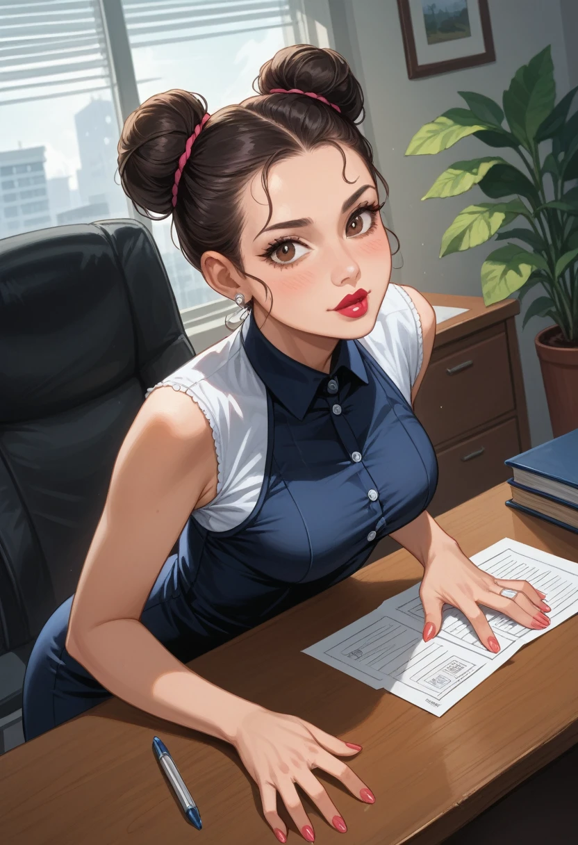 Secretary girl bend over the table,bend over,on table,ultra-detailed, photorealistic, best quality, 4k, 8k, highres, masterpiece:1.3), a stunning and formidable 22 years old hot girl with a perfect beautiful figure ,she has long, sleek black  hair often tied in a professional bun or ponytail, sharp symmetrical features, piercing brown eyes, and high cheekbones. She wears thick rose pink colour wet shiny Glow glossy lipstick because her boss like taste them.stoberry oily lipstick,She is dressed in stylish and wearing a tight mini dress. The background features a luxurious office setting, emphasizing her role as p Diddy's secretary and sex partner.she getting ready give perfect blowjob to her boss for happy him,Her intelligent and calculated demeanor is evident, capturing her dual role of professional and protector. (intricate detail, supenely detailed hands, ultra finely detailed fingers, full body showcase, show full body). full body picture 