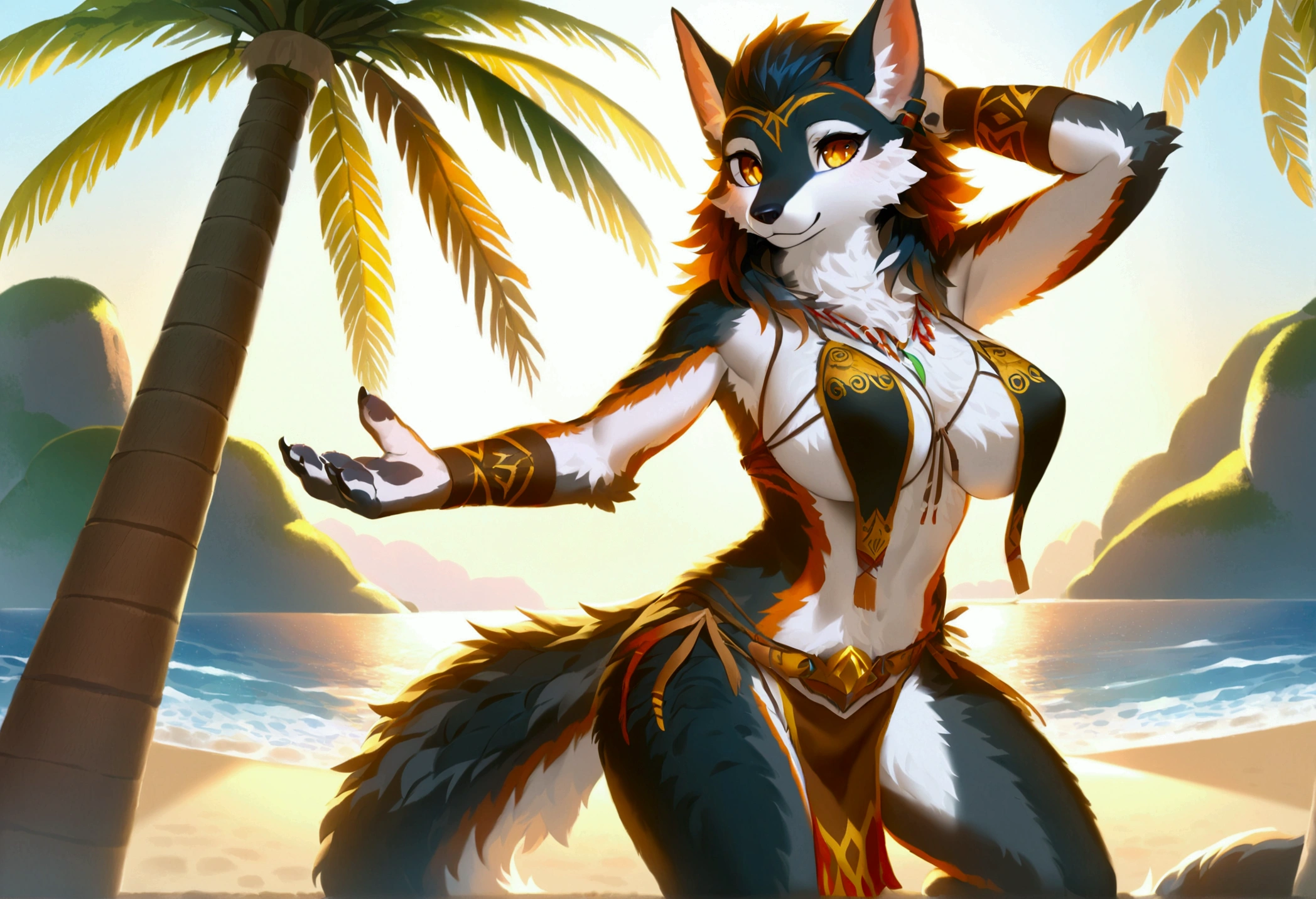 (top quality, best quality, Bogexboog, High-quality illustrations, masterpiece, perfect artwork, cinematic light and shading, 16k, 1080p, uploaded on e621)(kemono, furry, anthro, alone), 1 female, (very detailed body, face, tail, arms, hands, legs, head and eyes), worgen, (WoW), hunter body, wrogiem body, fur, fluffy, big breasts, wide hips, worgen head, worgen tail, perfect eyes, amber eyes, beautiful tribe armor, beautiful loincloth, beautiful beach night, body movement, body twitching,