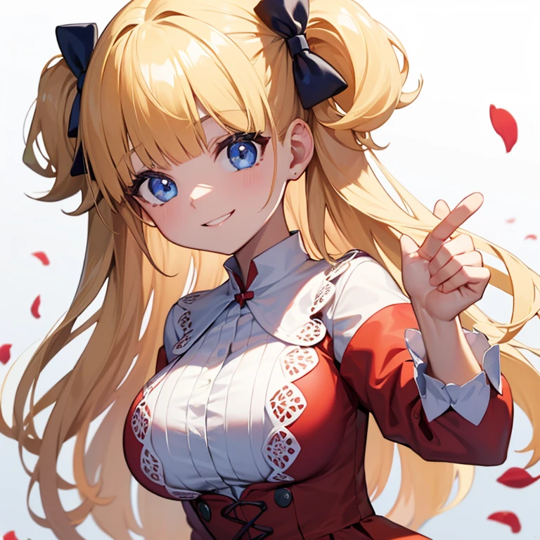 1girl, blonde_hair, solo, breasts, dress, flower, hair_flower, hair_ornament, red_dress, blue_eyes, long_hair, huge_breasts, two_side_up, smile, white_background, bangs, rose, red_flower, long_sleeves, simple_background, blunt_bangs, bow, ribbon, alternate_breast_size