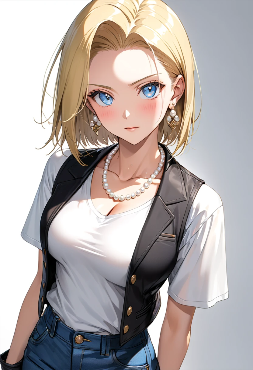 masterpiece, Best Quality, High resolution,16k,super detailed skin, (android 18),1990s \(style\),(E-cup beautiful breasts), (tall:1.2),height: 170cm,Fashion model body type,Sweating all over the body,{{muscular}}、1 girl,solo、(nsfw), blonde, blue eyes, (black vest,White T-shirt,jeans,:1.5),Pearl_necklace, bracelet,{{ Short slicked back hair}},Earrings,(Cool face)、(Pointed Eyes),Big eyes,blush,cleavage,Anime-style painting style,,A composition that shows the whole body,Captivating look,BREAK(white simple background:1.5),cinematic lighting,superfine,dynamic angle,(sexy,ahegao,vulgarity:1.2)